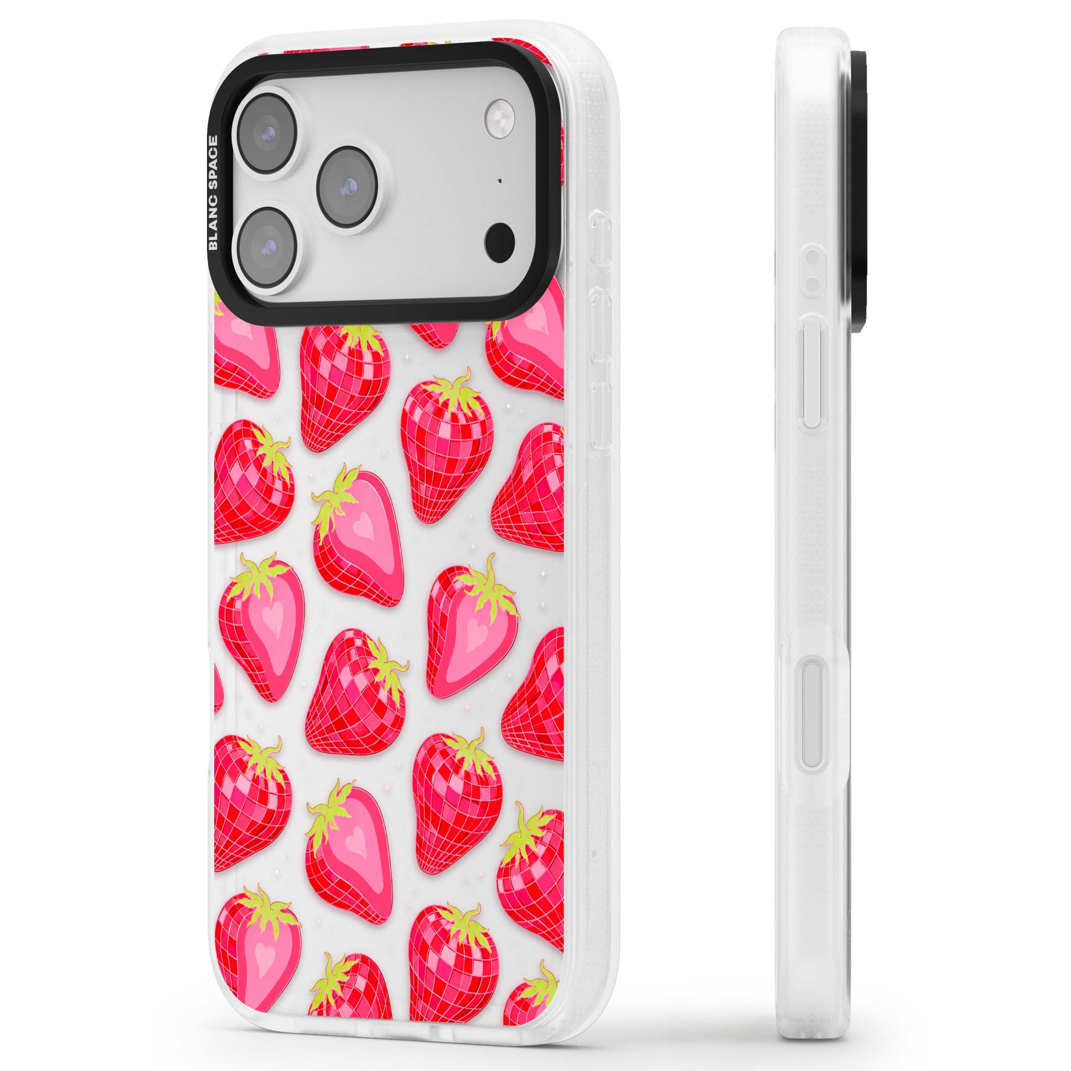 Disco Strawberry Y2K iPhone case featuring pink disco-ball strawberries, green leaves and tiny sparkles | Clear Case Impact Air case for iPhone 17 Pro, iPhone 17 Pro Max