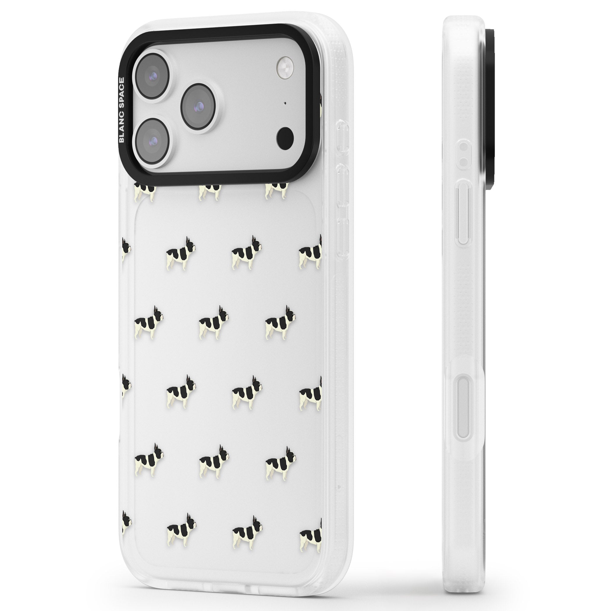 Frenchie Repeat Dog iPhone 17 Pro Impact Air Clear Phone Case Side Profile