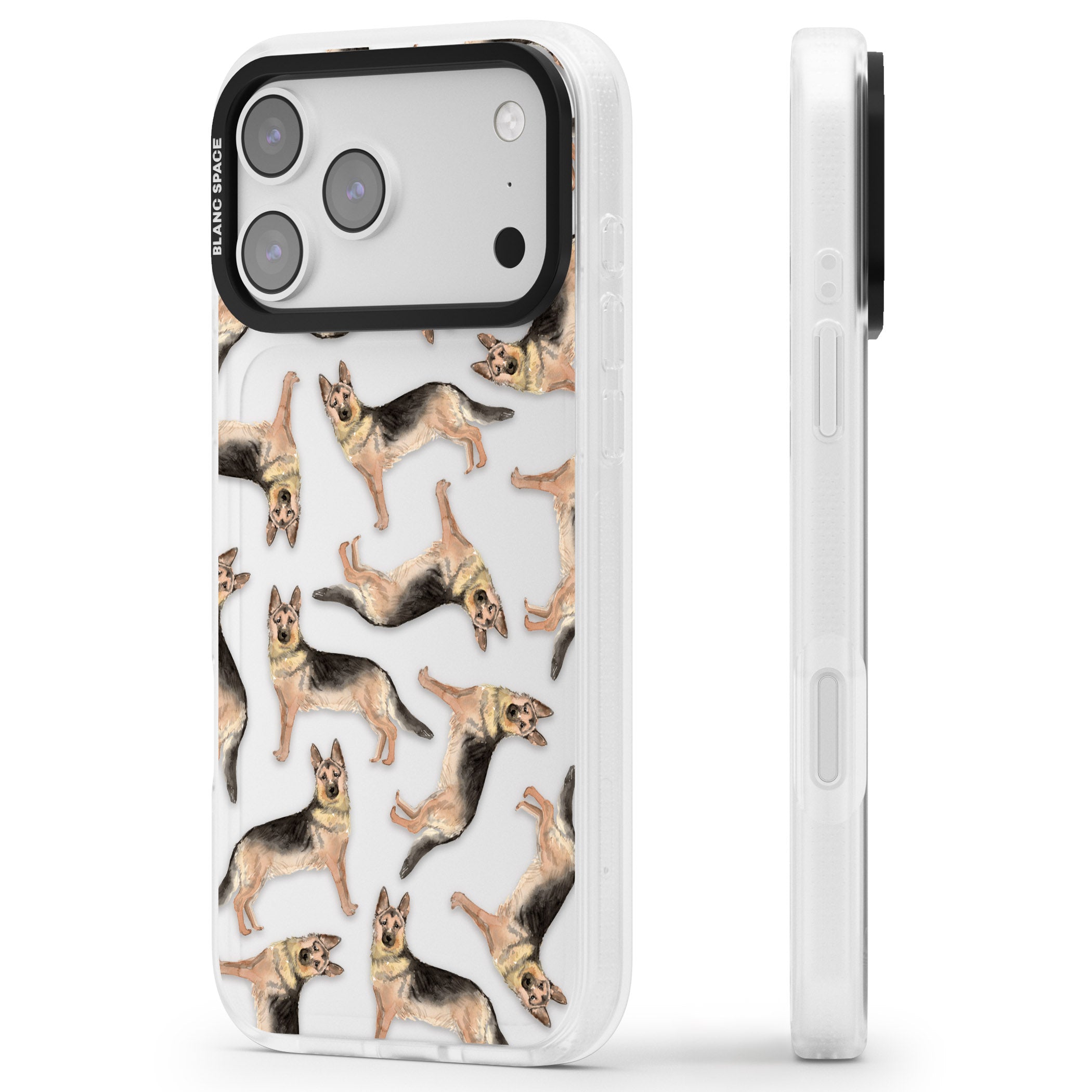 German Shepherd Pattern Classic iPhone 17 Pro Impact Air Clear Phone Case Side Profile