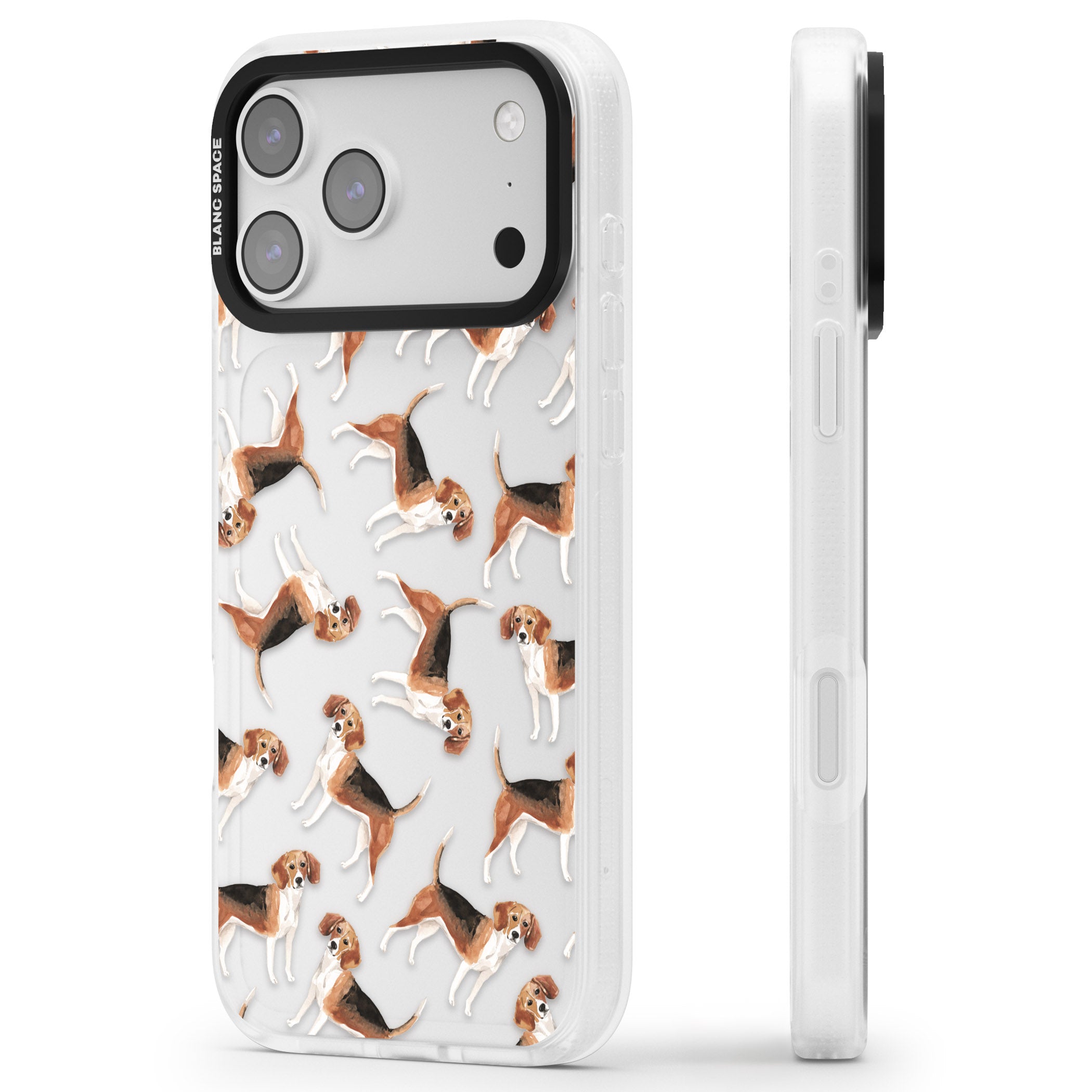 Beagle Watercolor Pattern iPhone 17 Pro Impact Air Clear Phone Case Side Profile