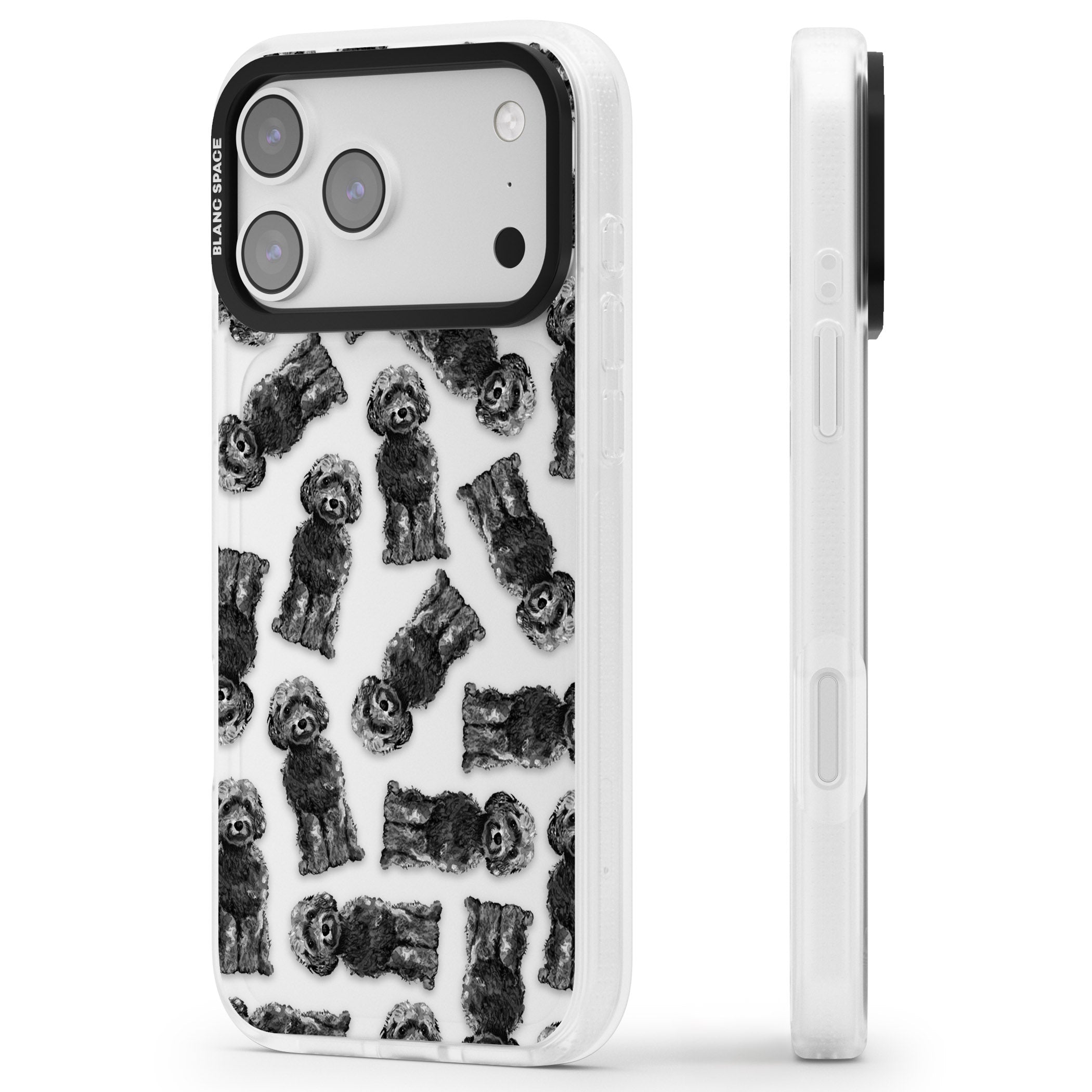 Black Cockapoo Watercolor iPhone 17 Pro Impact Air Clear Phone Case Side Profile