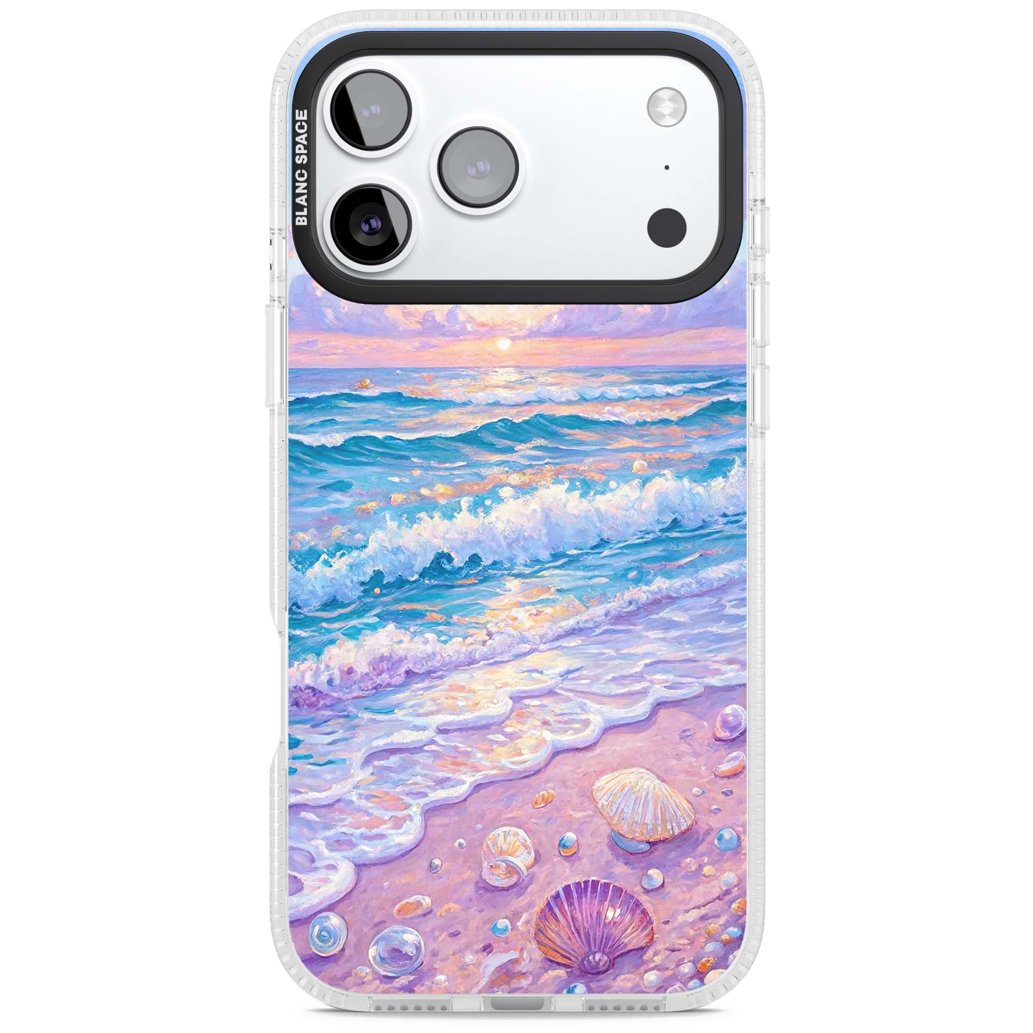 Pearl Shore coastal iPhone case featuring pastel painted waves, seashells, and a sunrise sky over a lavender beach. | Clear Case Impact Air case for iPhone 17 Pro, iPhone 17 Pro Max