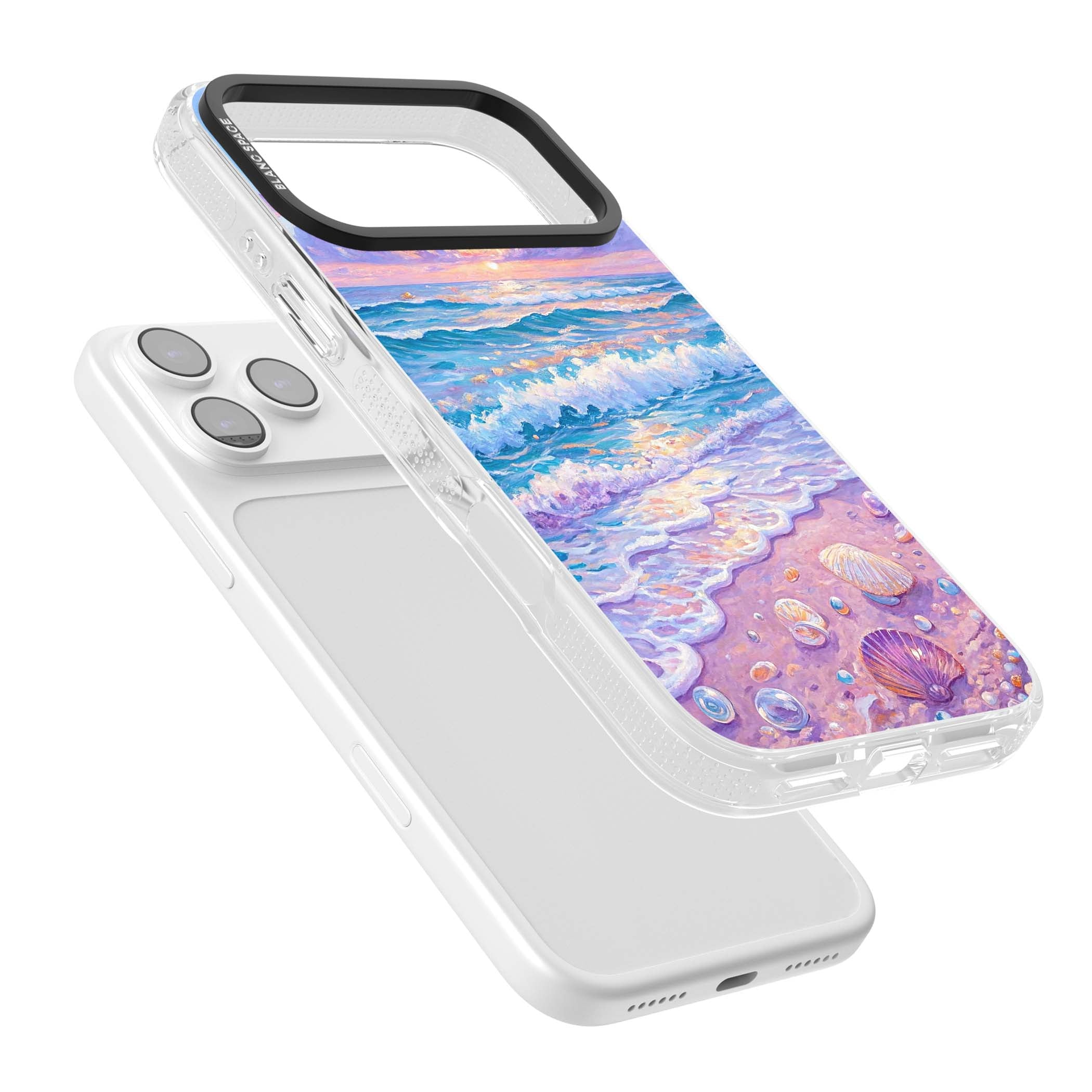 Pearl Shore coastal iPhone case featuring pastel painted waves, seashells, and a sunrise sky over a lavender beach. | Clear Case Impact Air case for iPhone 17 Pro, iPhone 17 Pro Max