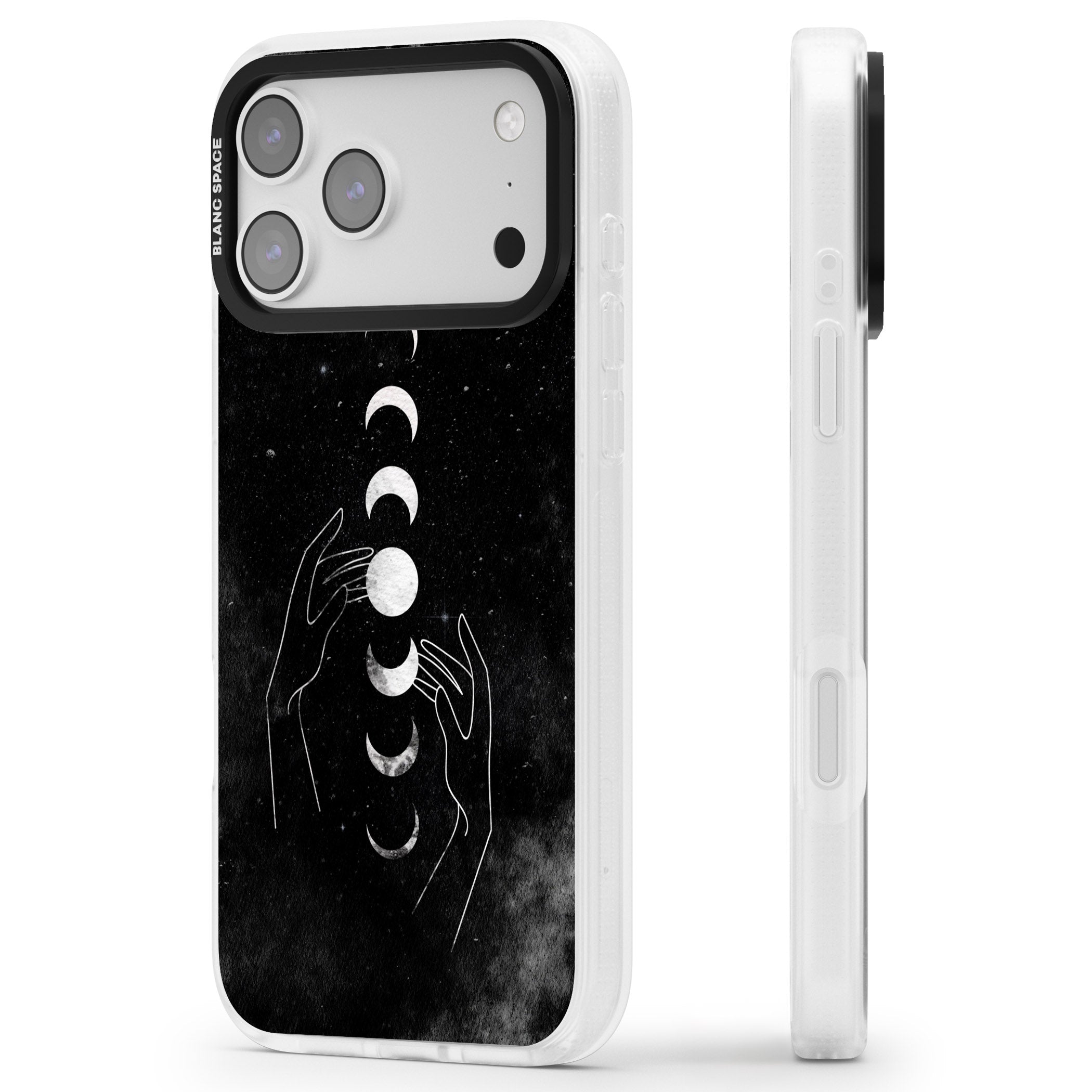 Moon Phases Hands iPhone 17 Pro Impact Air Clear Phone Case Side Profile