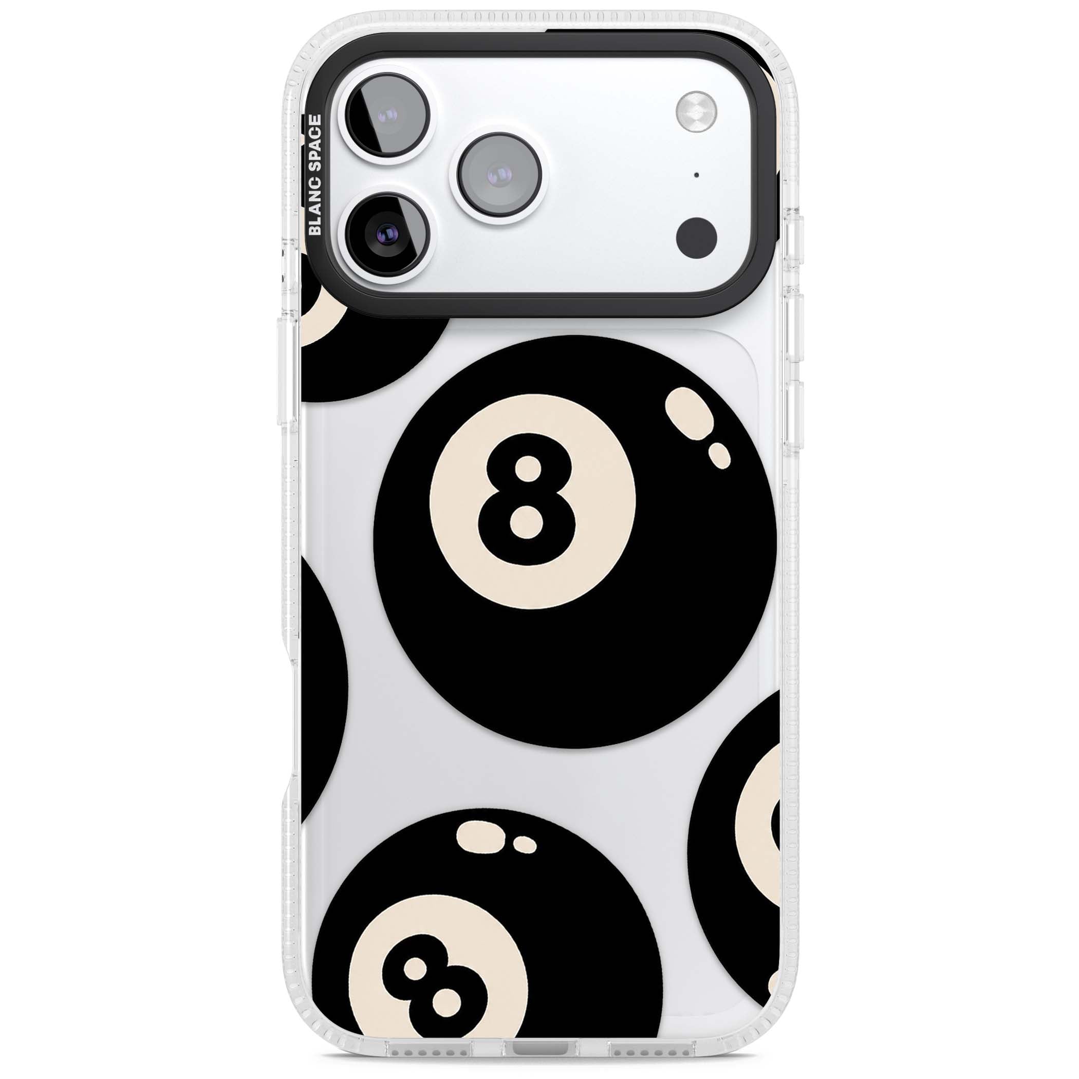 Eights y2k iPhone case featuring scattered black 8 balls with cream highlights on a clear background | Clear Case Impact Air case for iPhone 17 Pro, iPhone 17 Pro Max