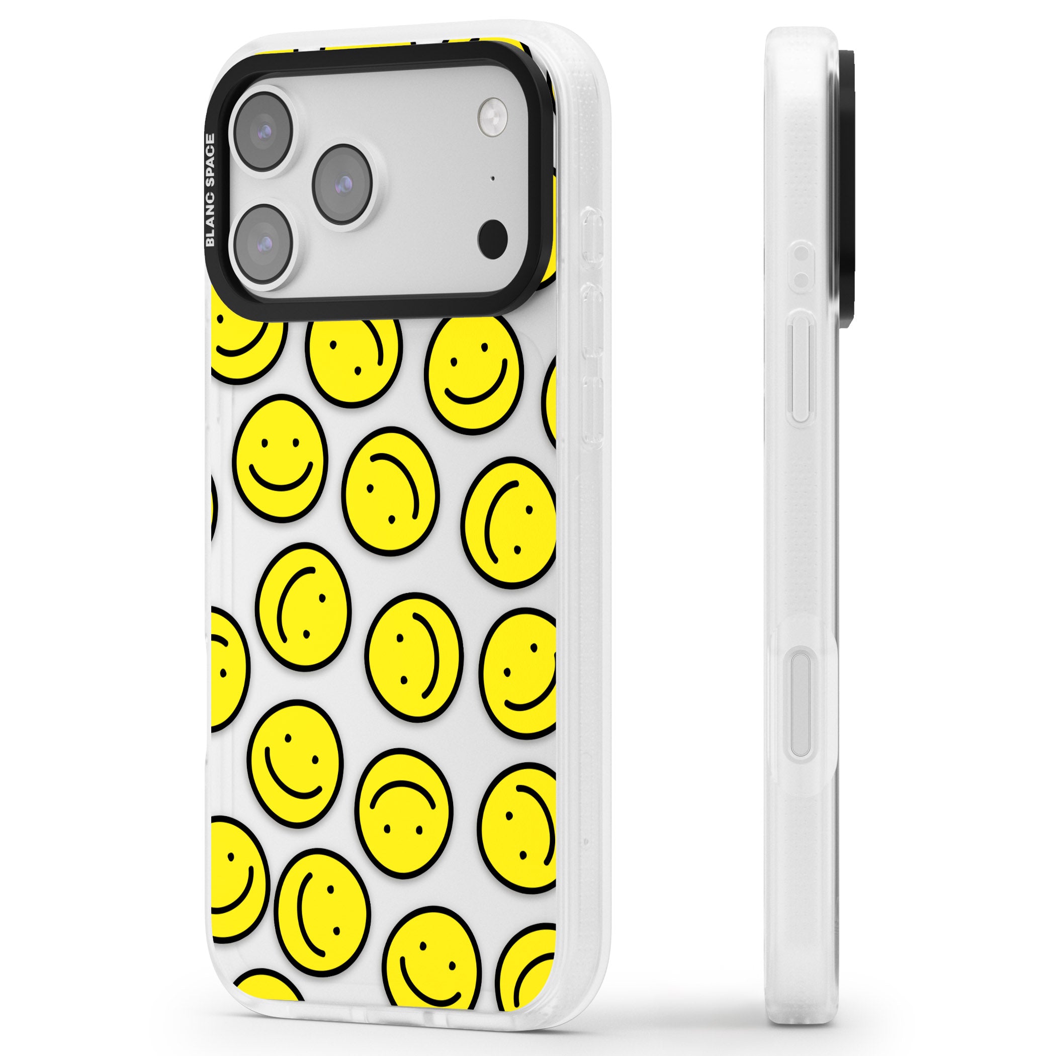 Smiley Face Pattern iPhone 17 Pro Impact Air Clear Phone Case Side Profile
