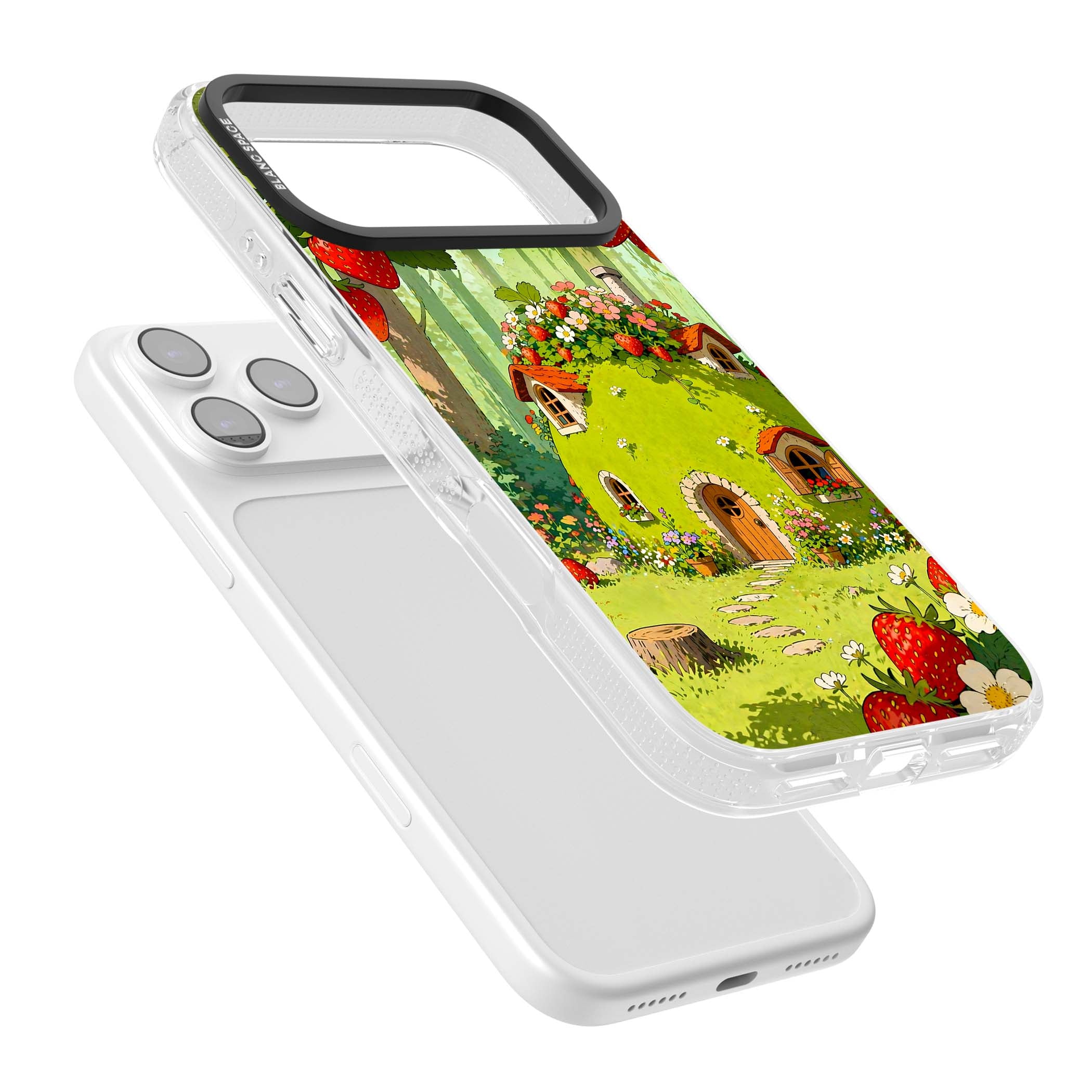Strawberry Cottage cottagecore iPhone case featuring a green fairy house, wild strawberries and enchanted forest flowers | Clear Case Impact Air case for iPhone 17 Pro, iPhone 17 Pro Max