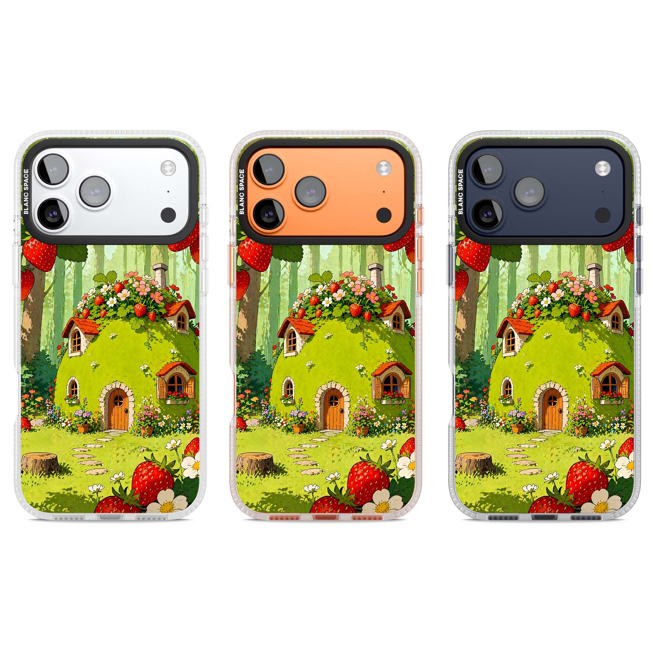 Strawberry Cottage cottagecore iPhone case featuring a green fairy house, wild strawberries and enchanted forest flowers | Clear Case Impact Air case for iPhone 17 Pro, iPhone 17 Pro Max