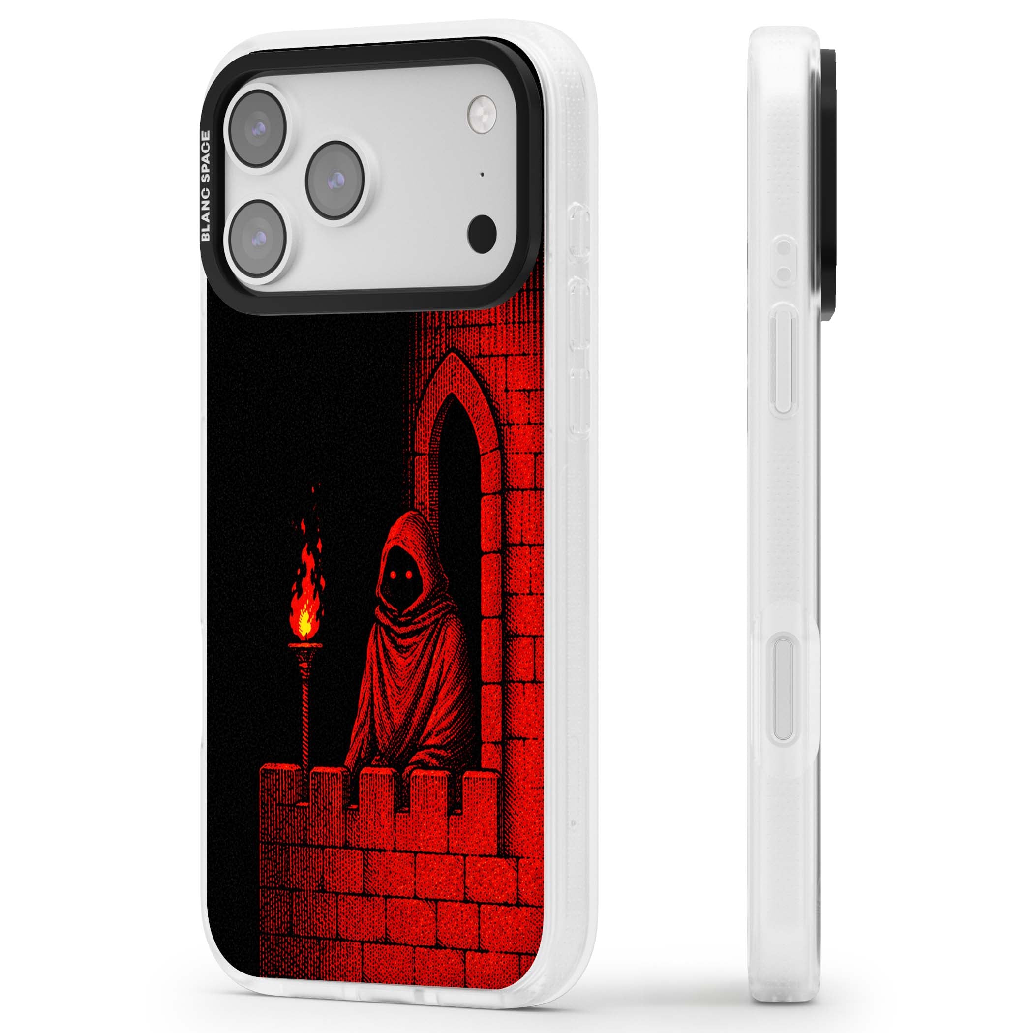 Crimson Crypt gothic iPhone case featuring a hooded reaper, torchlit crypt archway and red halftone horror art | Clear Case Impact Air case for iPhone 17 Pro, iPhone 17 Pro Max