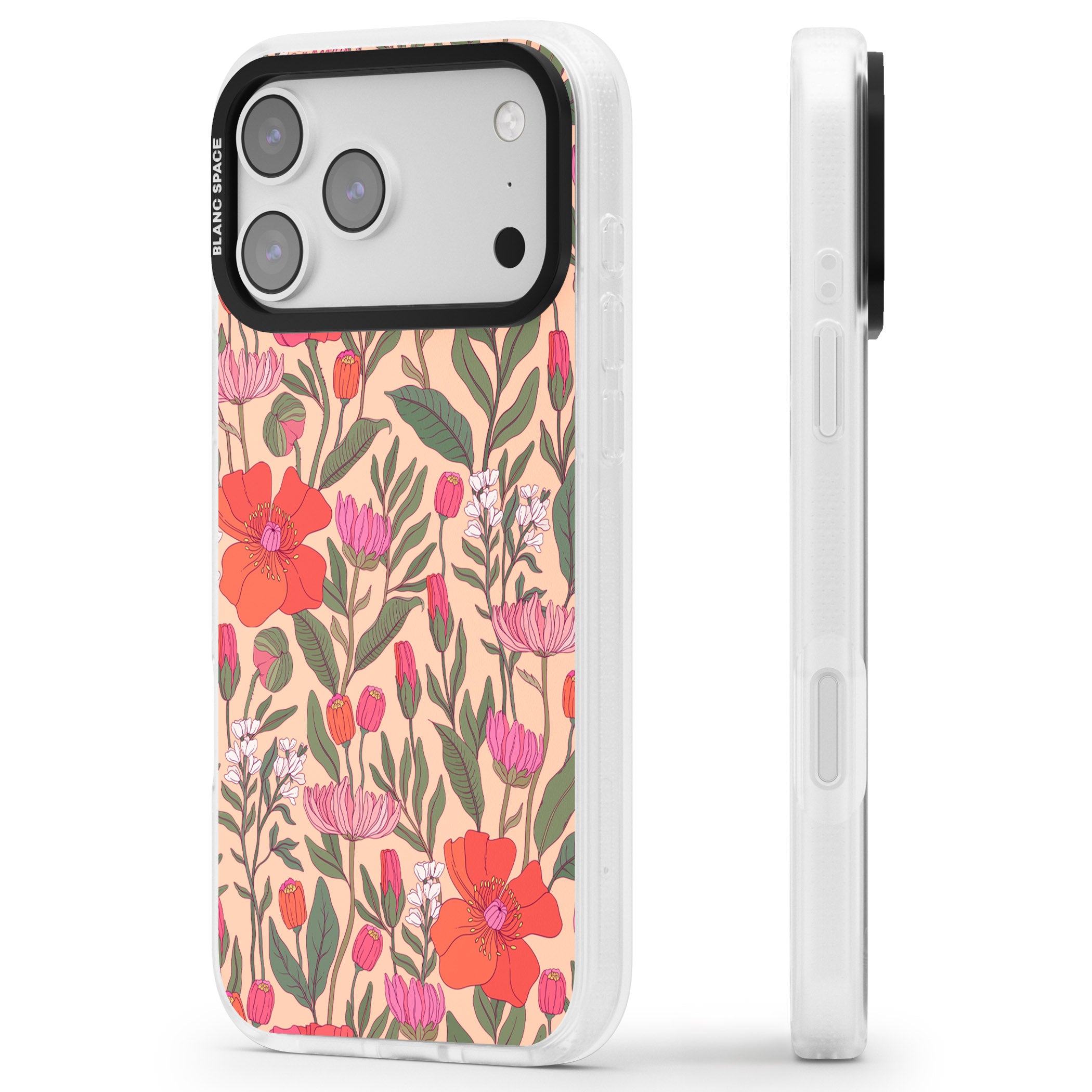 Peachy Floral Background iPhone 17 Pro Impact Air Clear Phone Case Side Profile