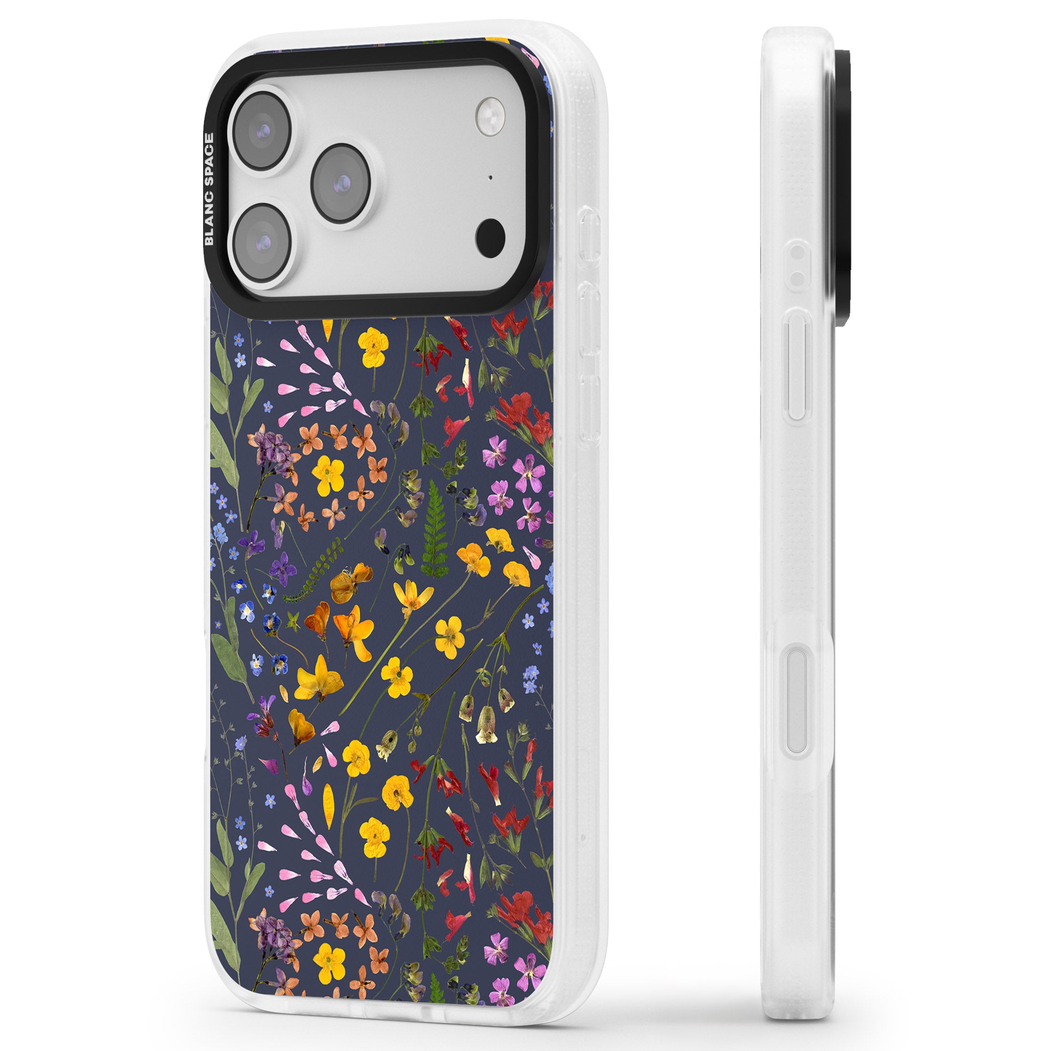 Wildflower Leaves Cluster Navy iPhone 17 Pro Impact Air Clear Phone Case Side Profile