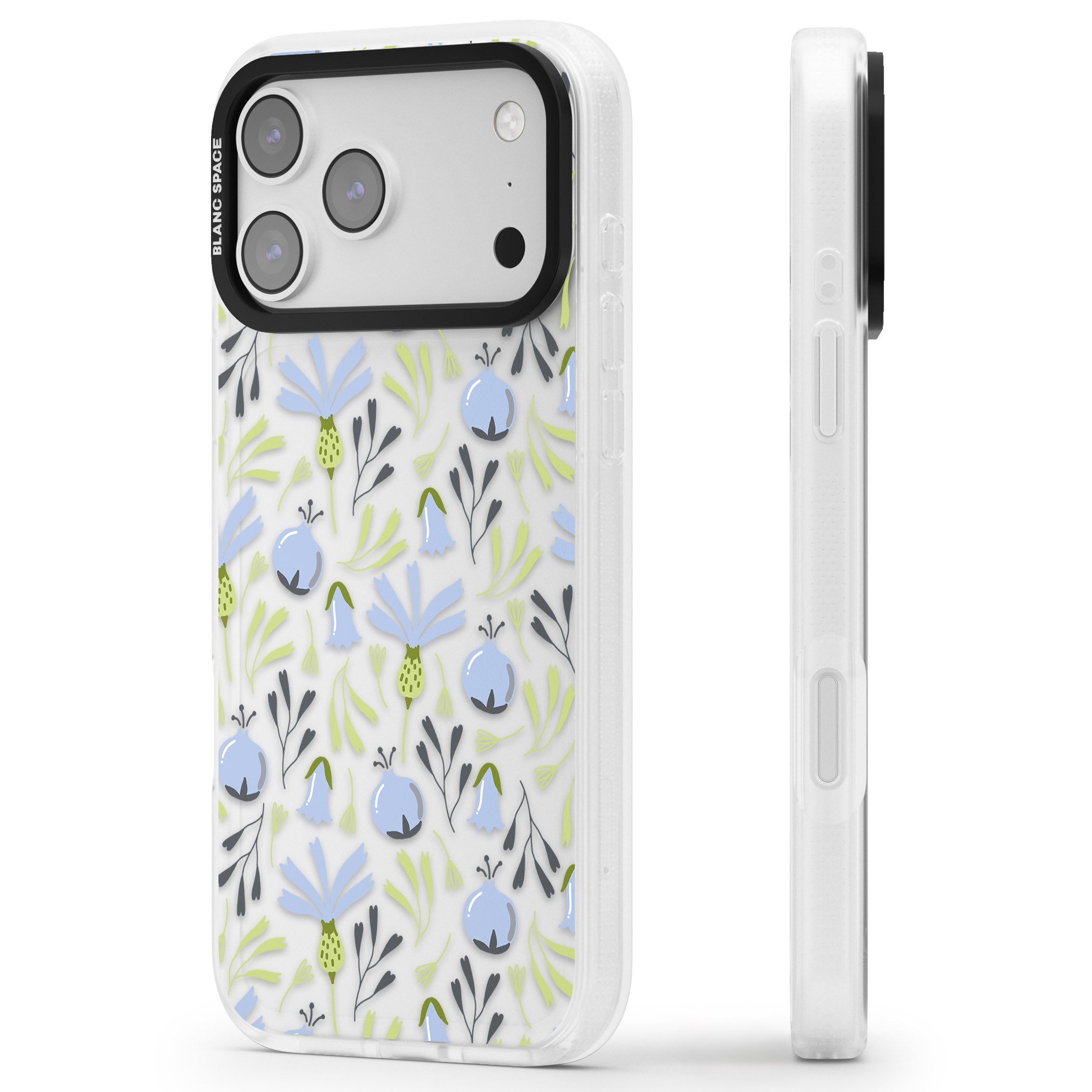 Blue Flora Bloom iPhone 17 Pro Impact Air Clear Phone Case Side Profile