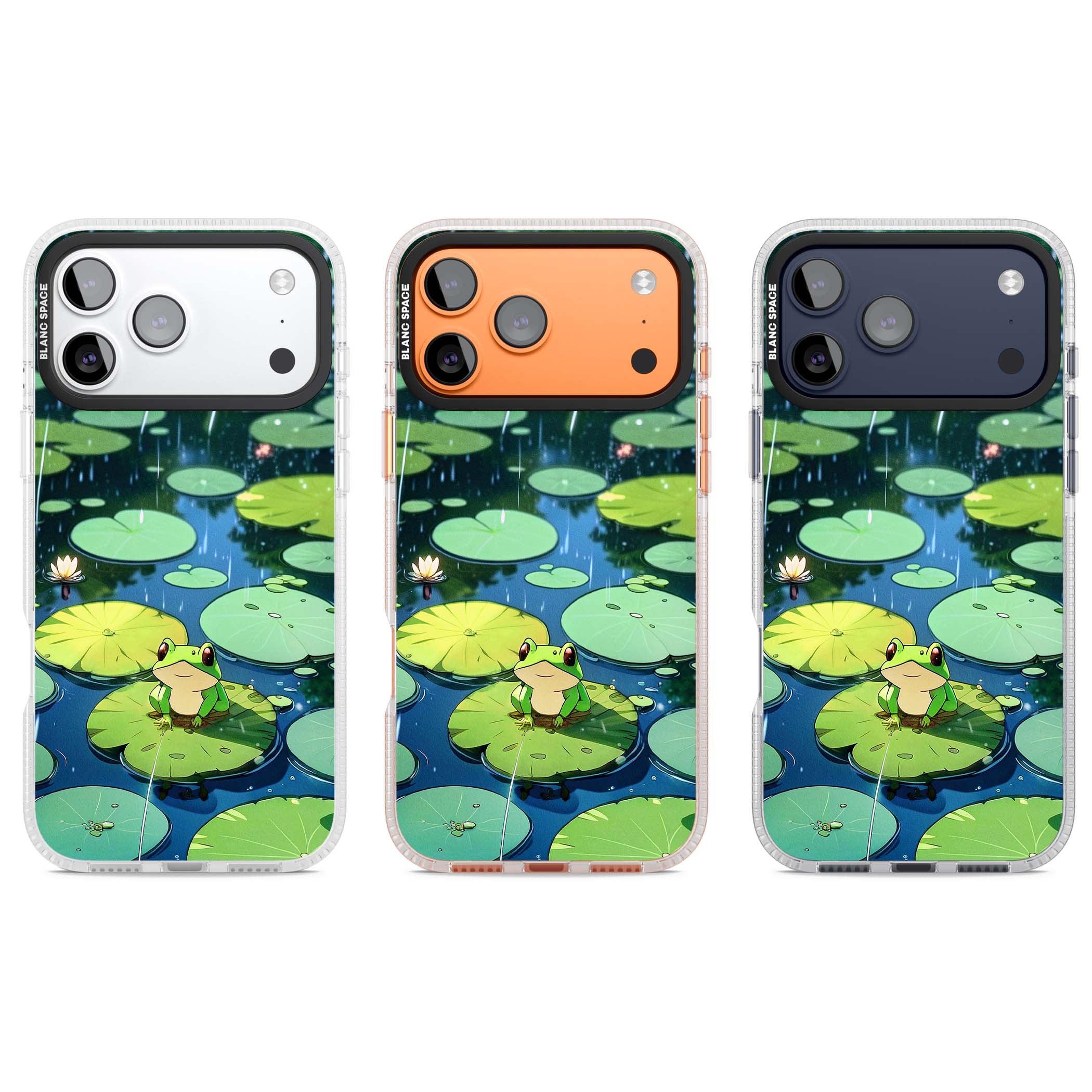Frog In Lily Pond cottagecore iPhone case featuring a cute green frog on a lily pad with falling rain and a lotus flower | Clear Case Impact Air case for iPhone 17 Pro, iPhone 17 Pro Max