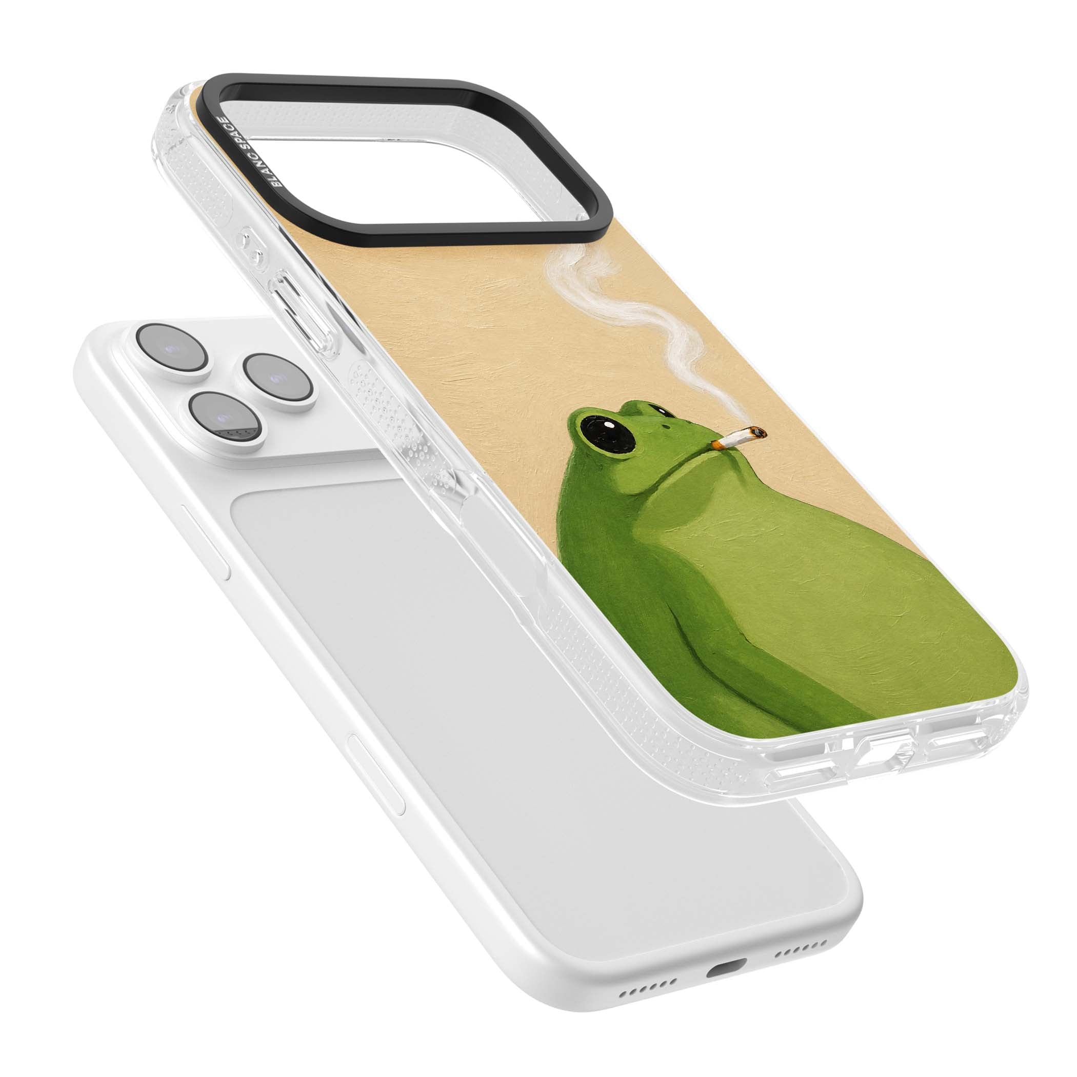 The Smoking Frog cottagecore iPhone case featuring a hand-painted green frog smoking a cigarette on a cream oil painting back | Clear Case Impact Air case for iPhone 17 Pro, iPhone 17 Pro Max