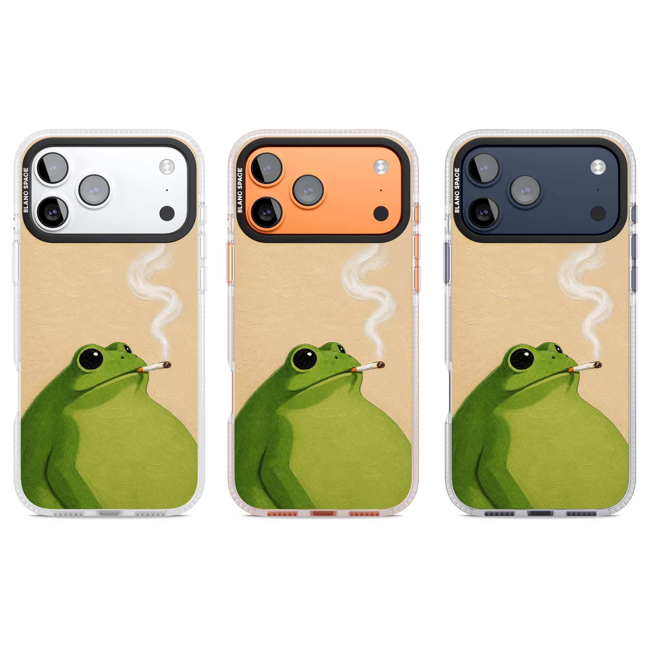 The Smoking Frog cottagecore iPhone case featuring a hand-painted green frog smoking a cigarette on a cream oil painting back | Clear Case Impact Air case for iPhone 17 Pro, iPhone 17 Pro Max