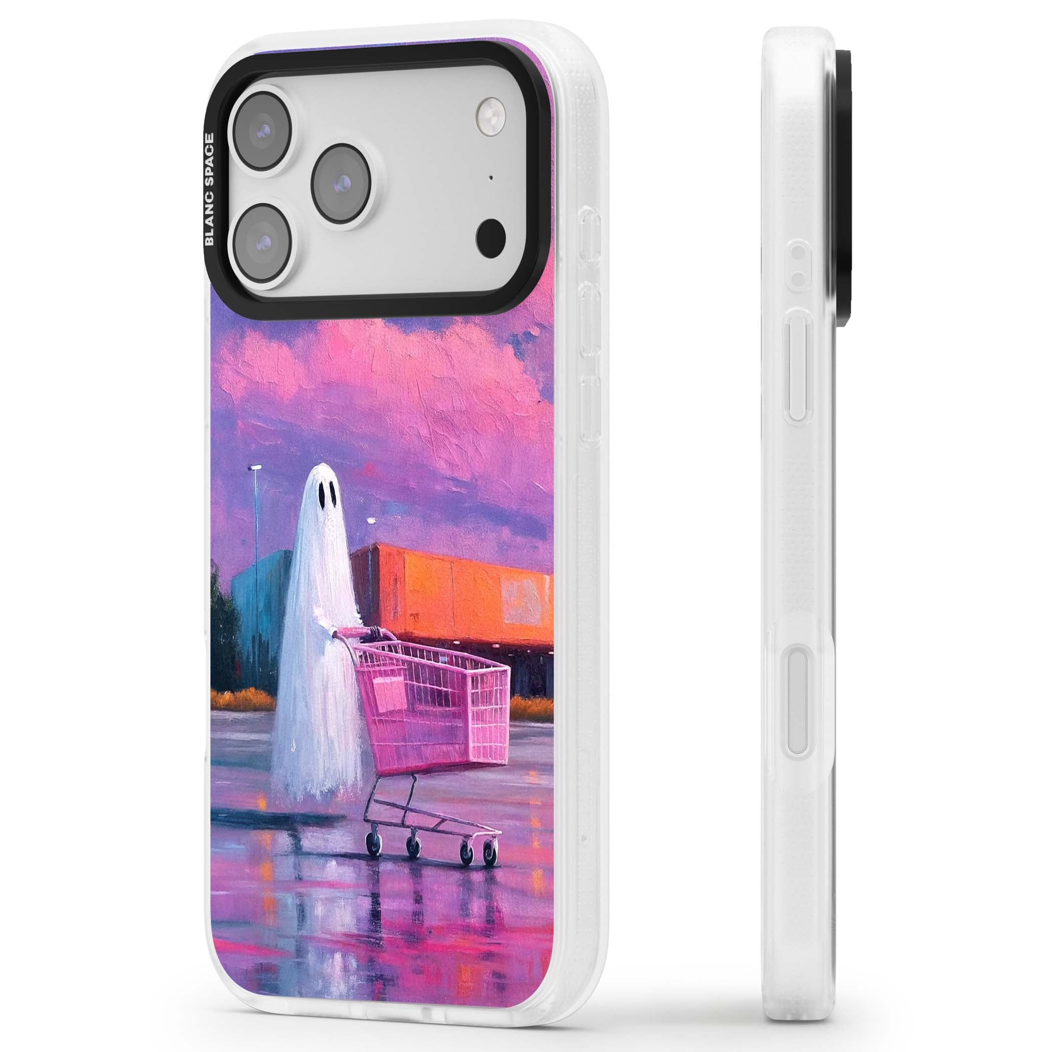 A Ghost's Errand ghost halloween iPhone case featuring a painted ghost, pink shopping trolley and purple sunset sky | Clear Case Impact Air case for iPhone 17 Pro, iPhone 17 Pro Max