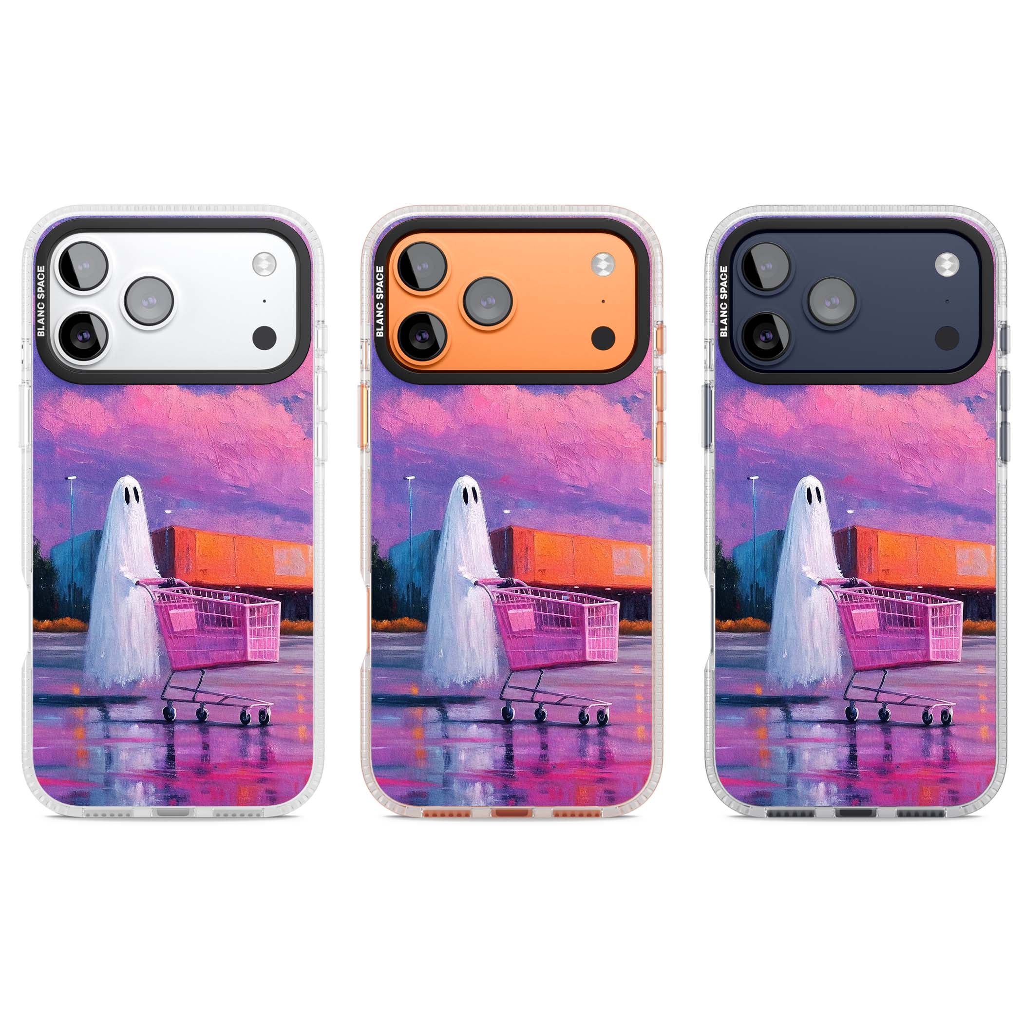 A Ghost's Errand ghost halloween iPhone case featuring a painted ghost, pink shopping trolley and purple sunset sky | Clear Case Impact Air case for iPhone 17 Pro, iPhone 17 Pro Max