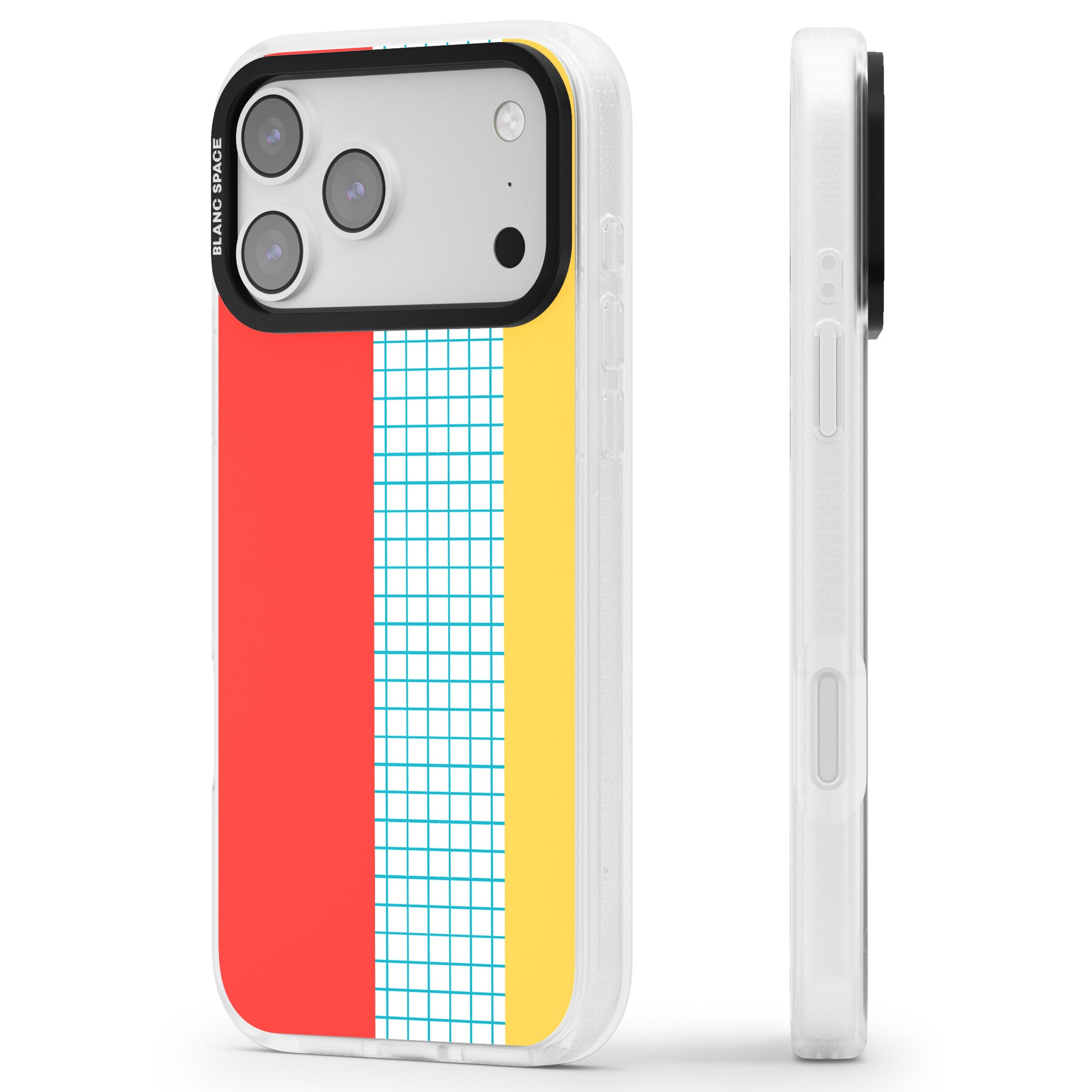 Abstract Grid Red, Blue, Yellow iPhone 17 Pro Impact Air Clear Phone Case Side Profile
