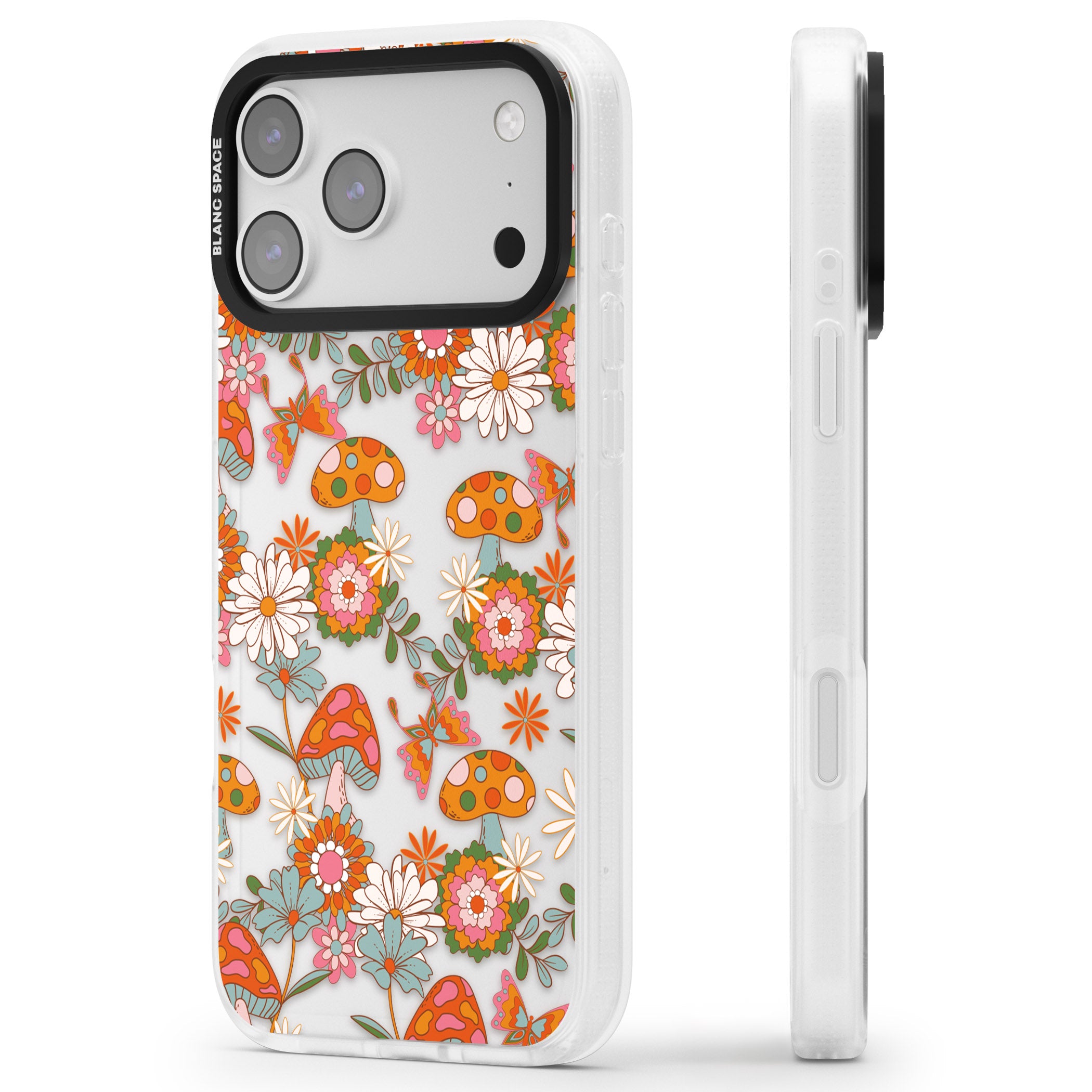 Groovy Shrooms & Flowers iPhone 17 Pro Impact Air Clear Phone Case Side Profile