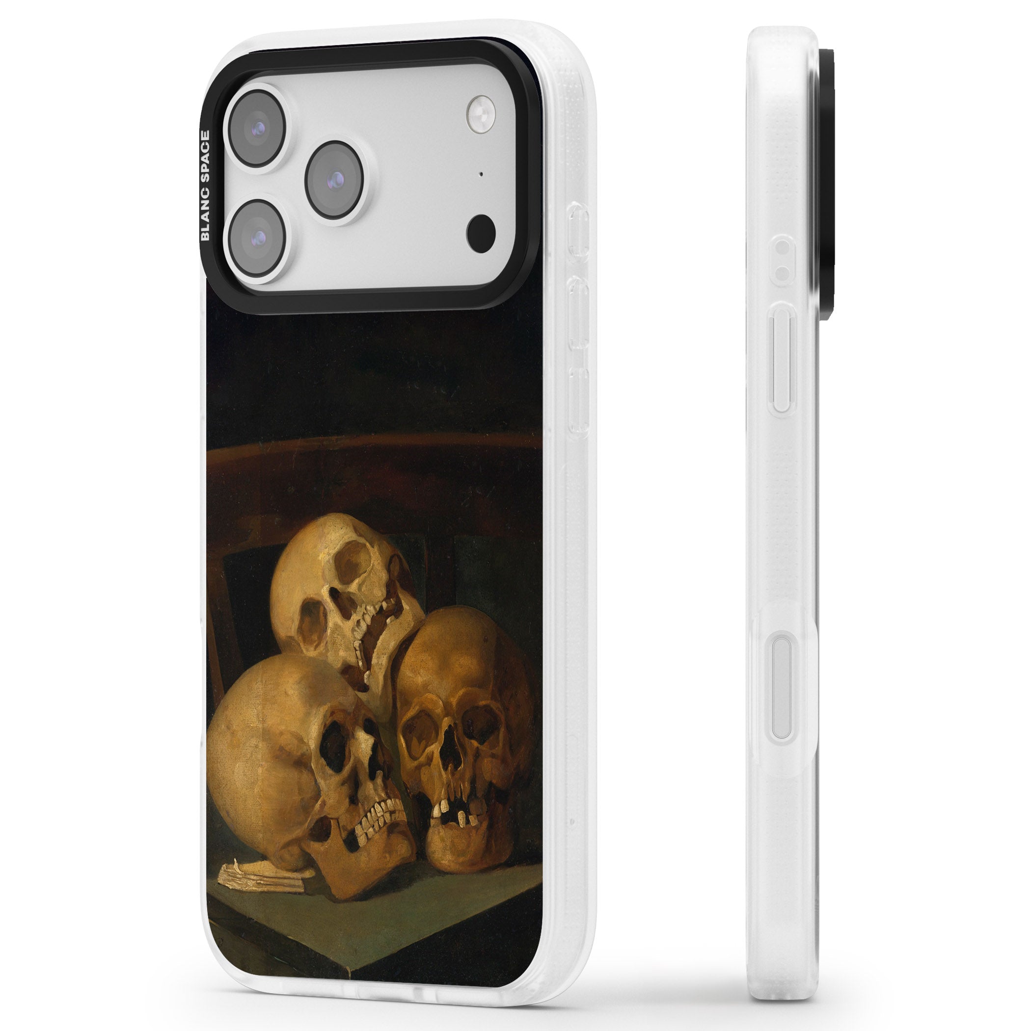 Still Life Of Three Skulls iPhone 17 Pro Impact Air Clear Phone Case Side Profile