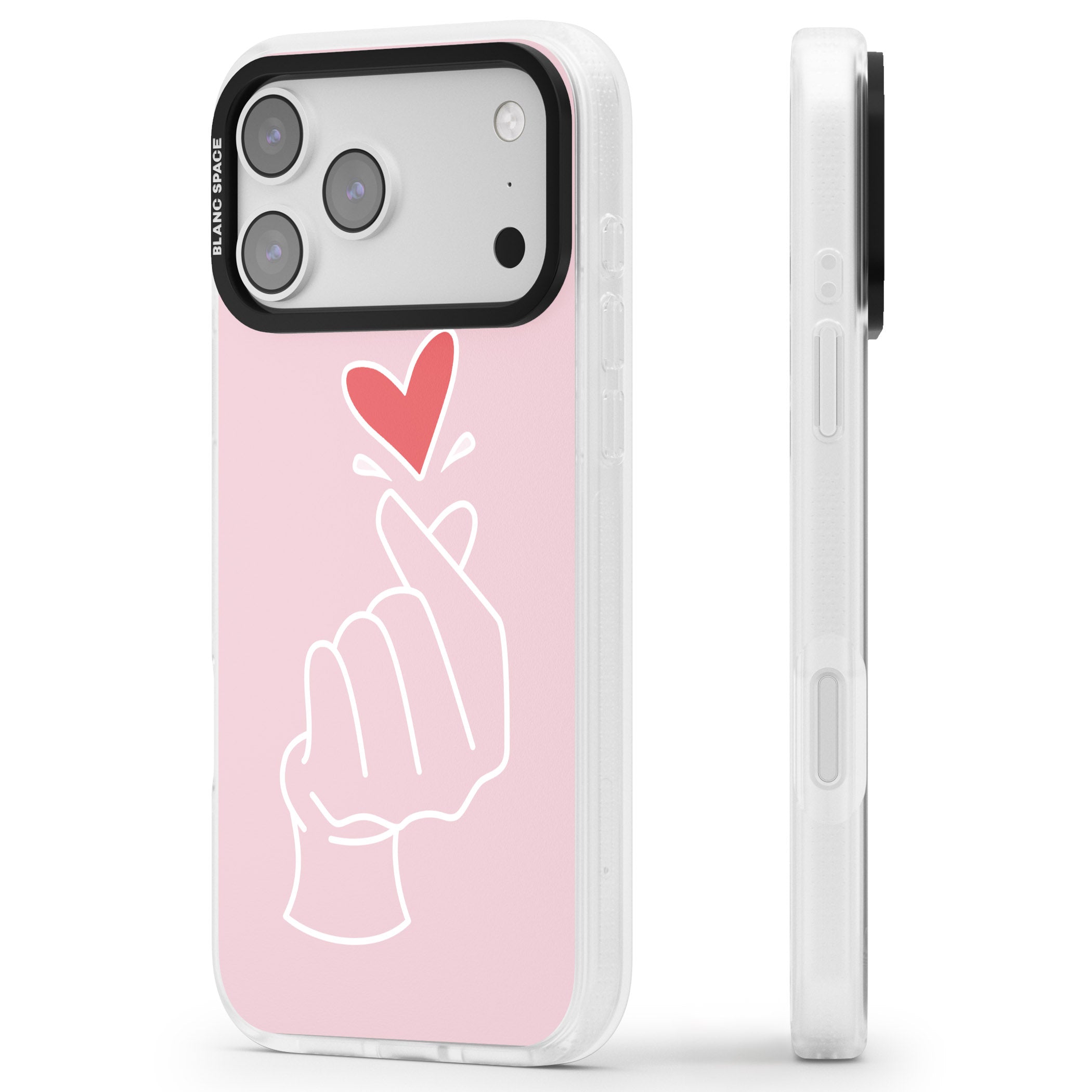 Pink Heart Hand iPhone 17 Pro Impact Air Clear Phone Case Side Profile