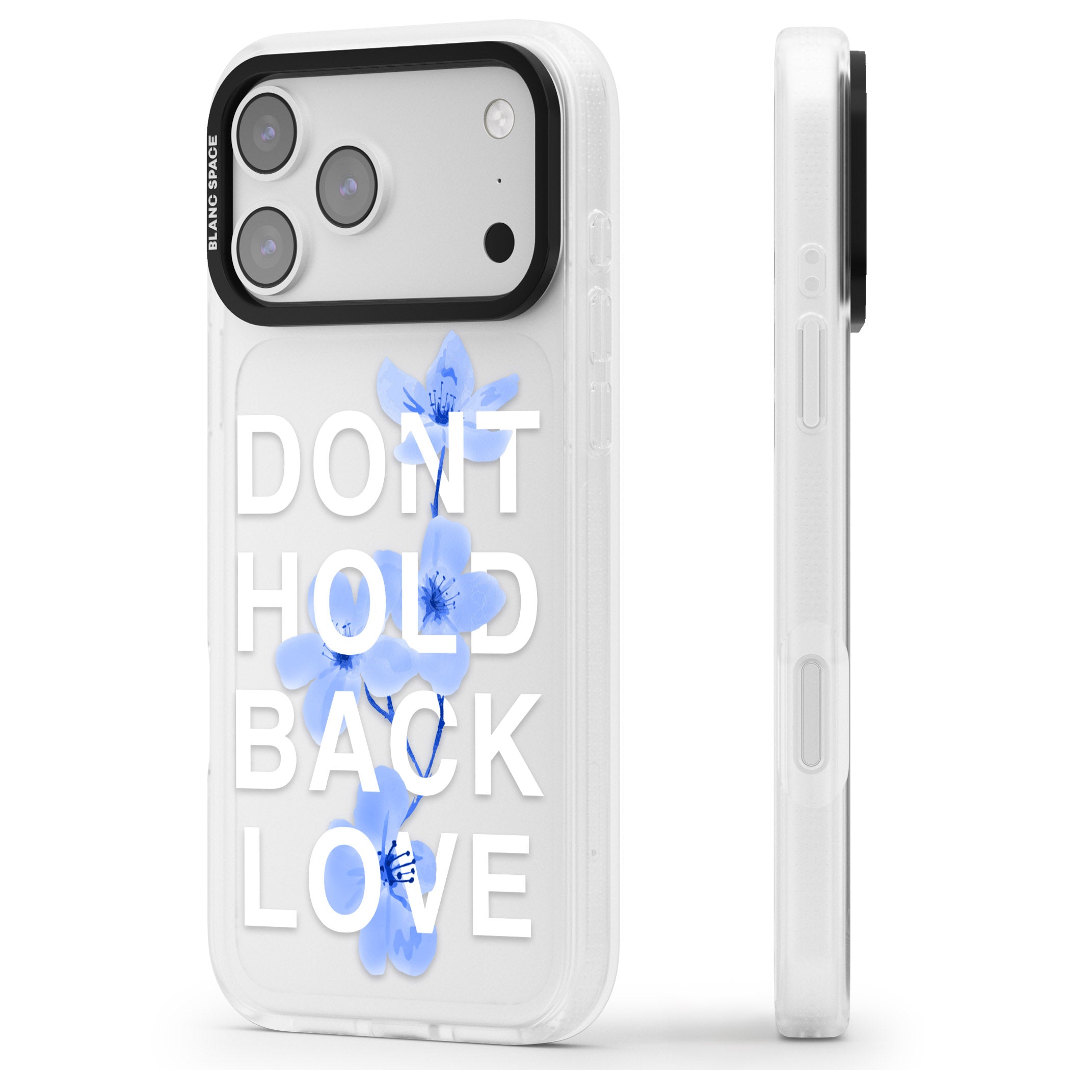 Don'T Hold Back Love Blue & White iPhone 17 Pro Impact Air Clear Phone Case Side Profile