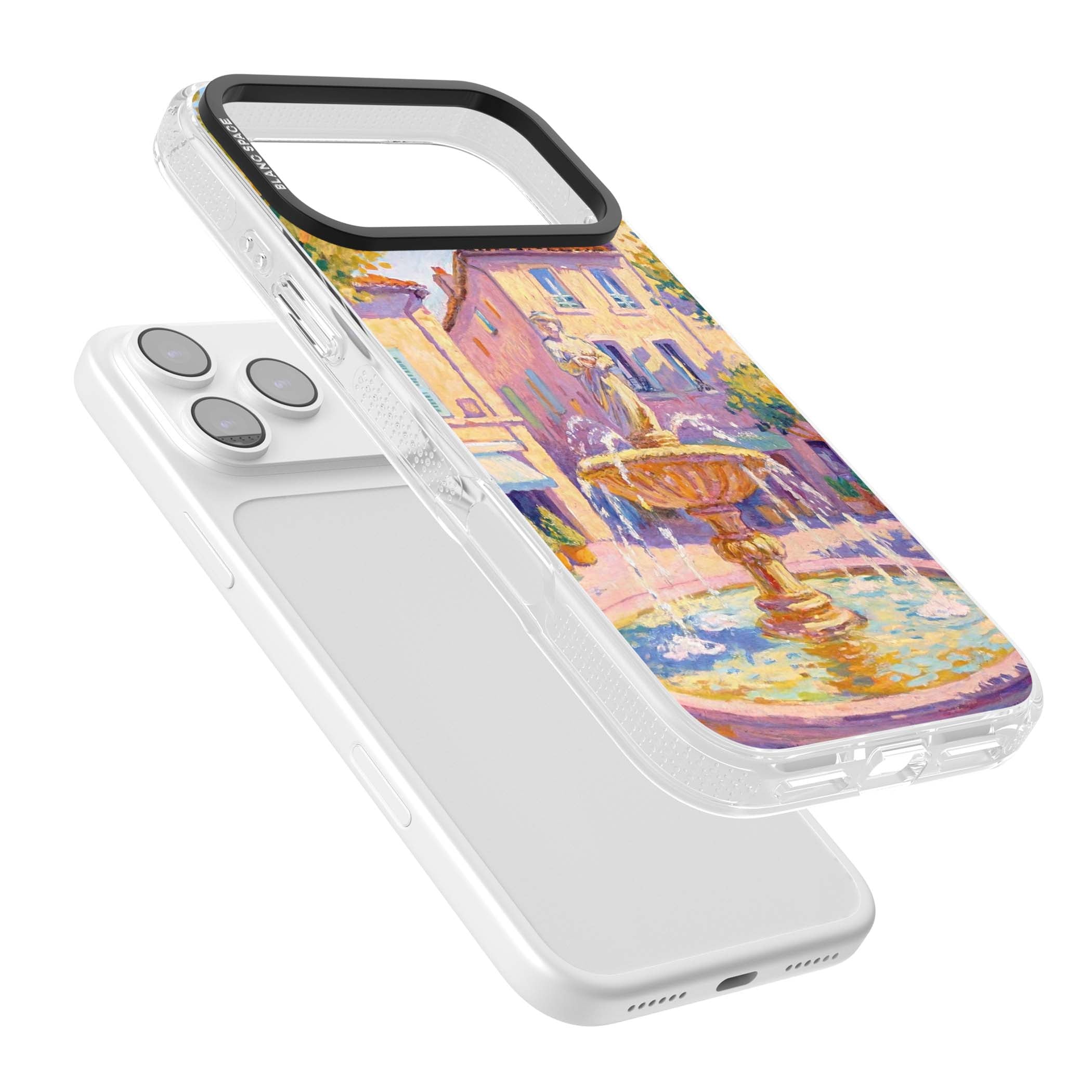 Fountain Square fine art iPhone case featuring an impressionist Provençal fountain, pastel village buildings and summe | Clear Case Impact Air case for iPhone 17 Pro, iPhone 17 Pro Max