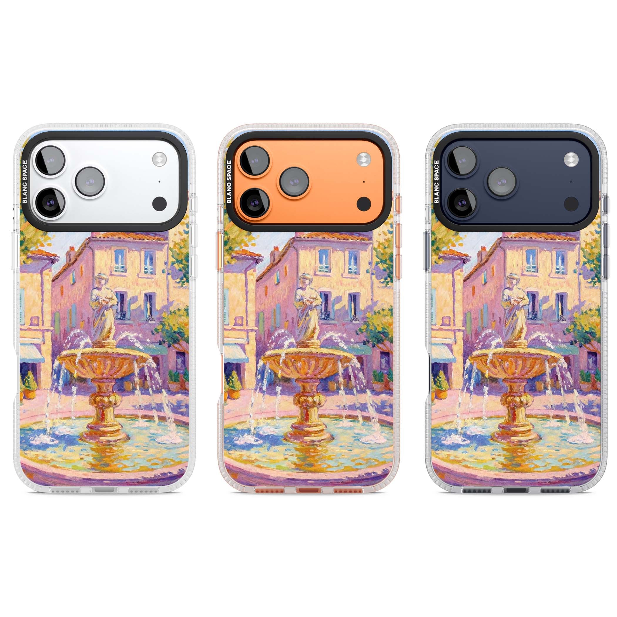 Fountain Square fine art iPhone case featuring an impressionist Provençal fountain, pastel village buildings and summe | Clear Case Impact Air case for iPhone 17 Pro, iPhone 17 Pro Max