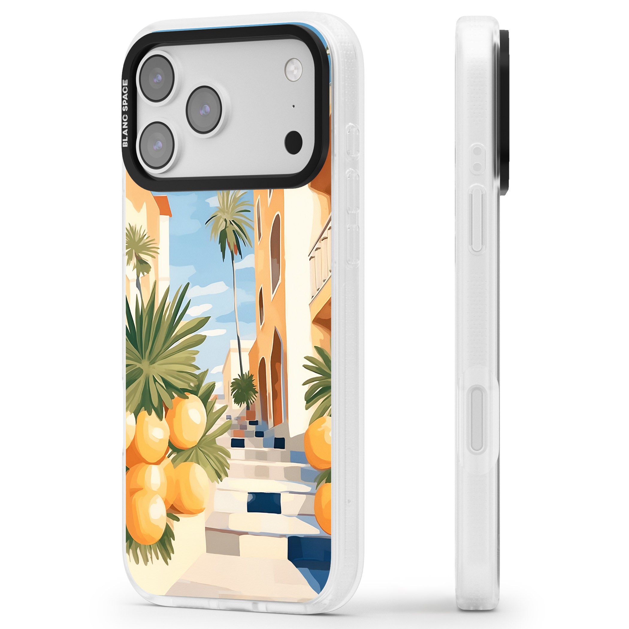 Mediterranean Village iPhone 17 Pro Impact Air Clear Phone Case Side Profile