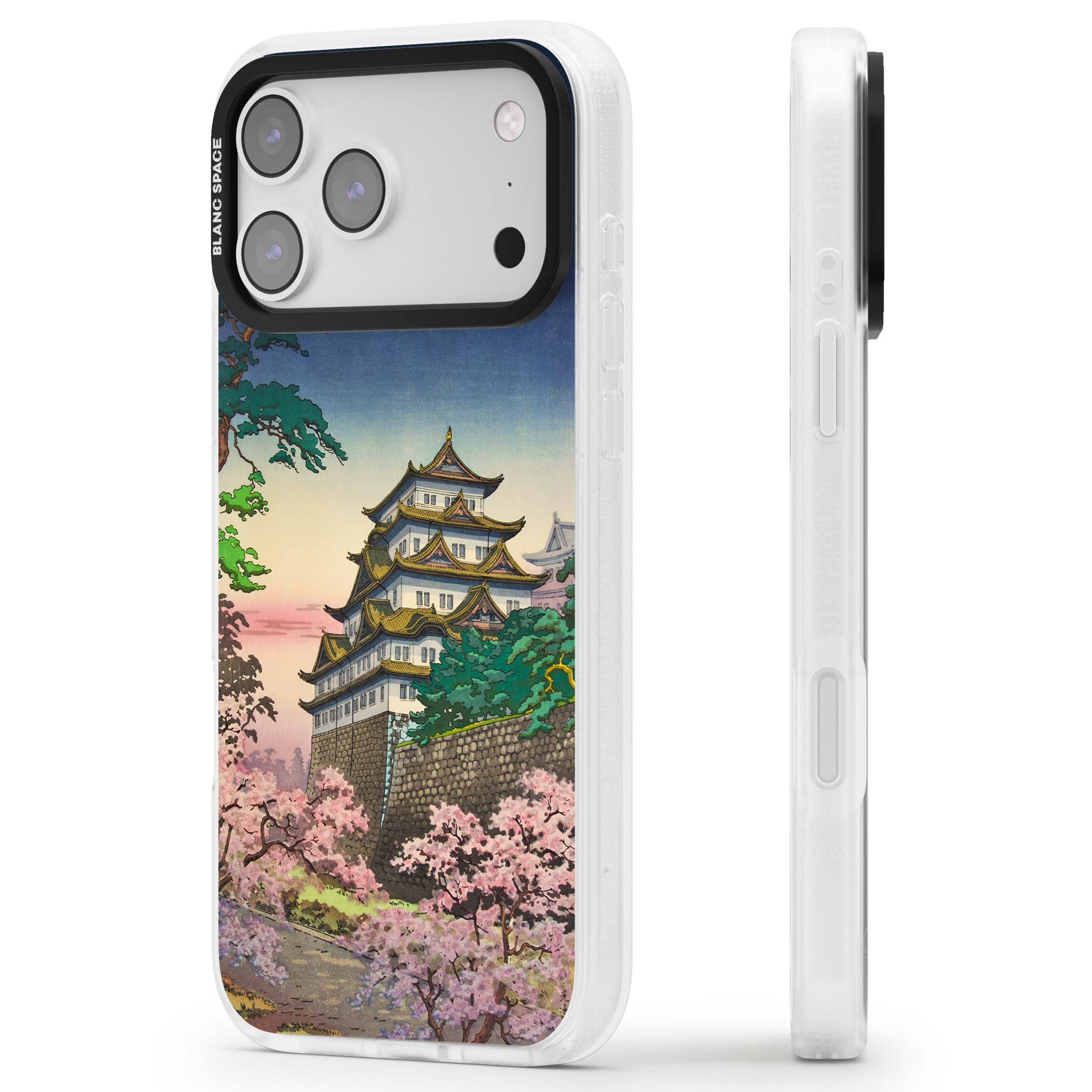 Nagoya Castle Japanese iPhone case featuring a vintage pagoda, twilight sky and cherry blossom trees | Clear Case Impact Air case for iPhone 17 Pro, iPhone 17 Pro Max