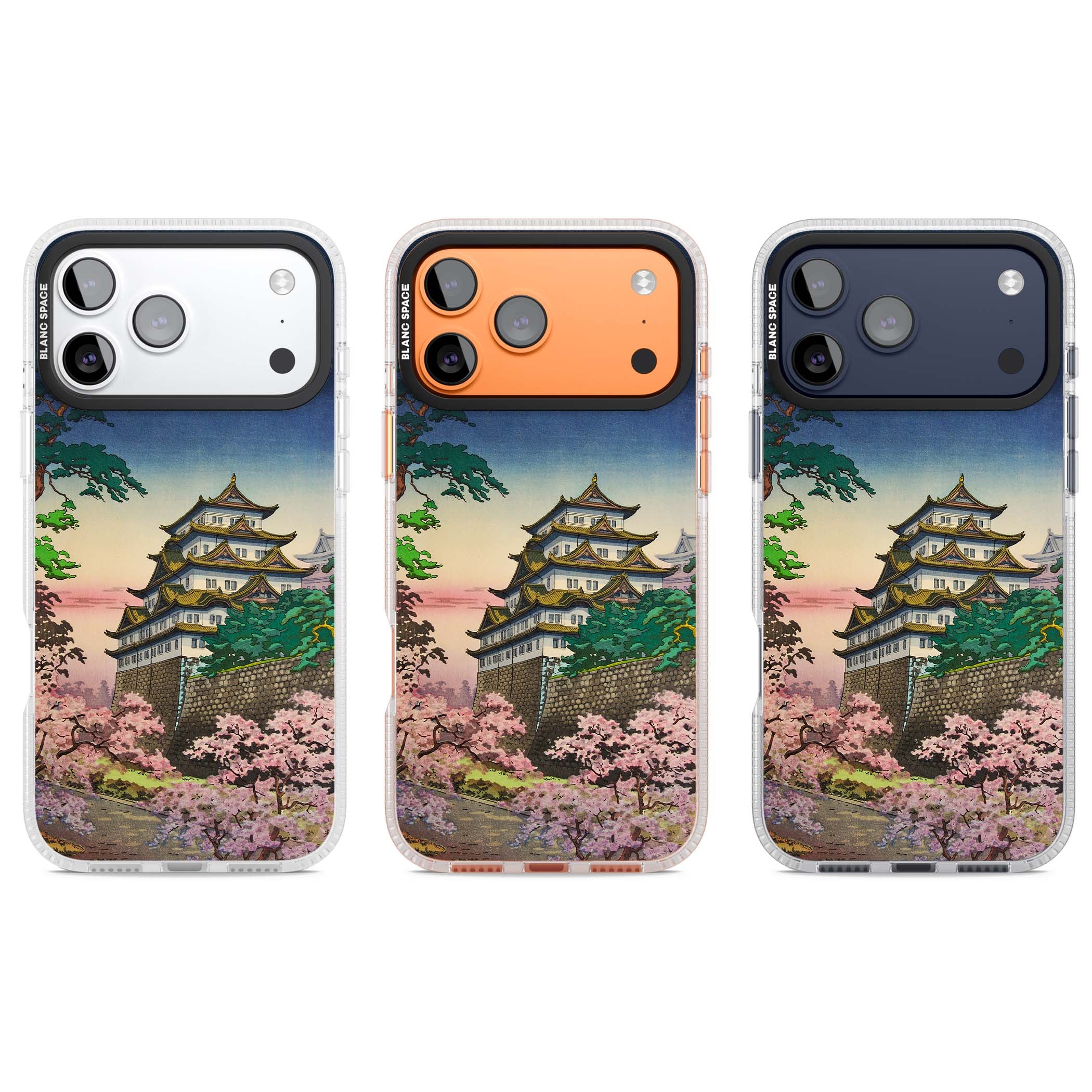Nagoya Castle Japanese iPhone case featuring a vintage pagoda, twilight sky and cherry blossom trees | Clear Case Impact Air case for iPhone 17 Pro, iPhone 17 Pro Max