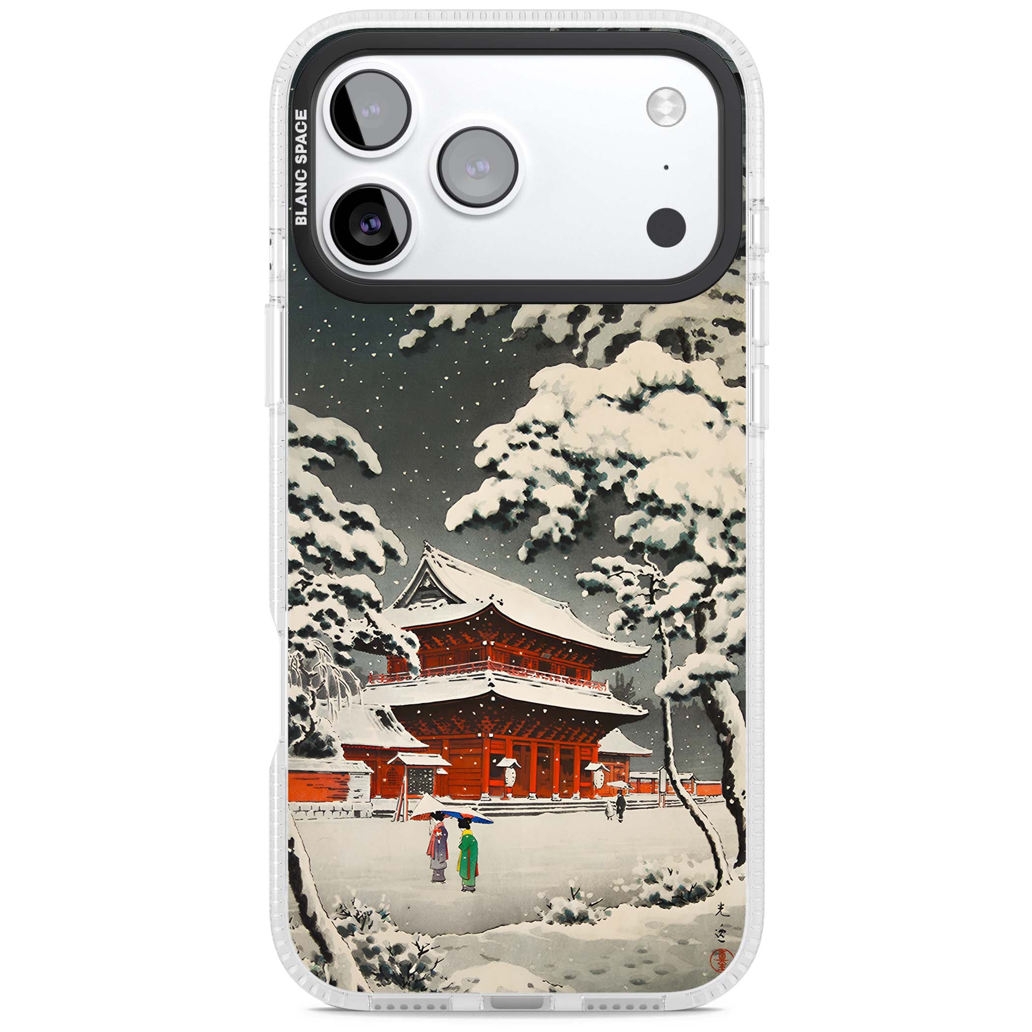 Snow at Shiha Park, Tokyo Japanese art iPhone case featuring a vintage ukiyo-e snowy temple, red pagoda, and snow-covered pin | Clear Case Impact Air case for iPhone 17 Pro, iPhone 17 Pro Max