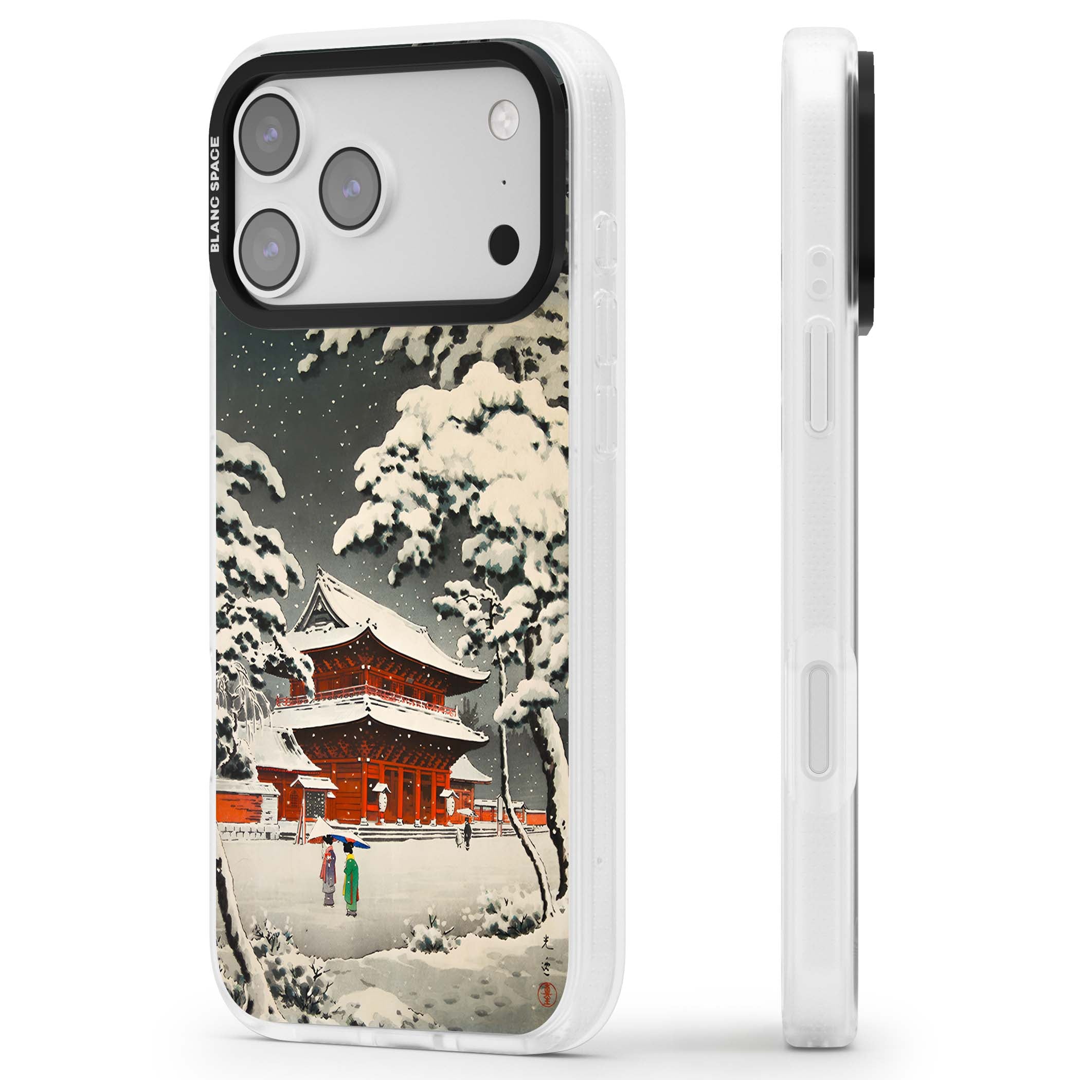 Snow at Shiha Park, Tokyo Japanese art iPhone case featuring a vintage ukiyo-e snowy temple, red pagoda, and snow-covered pin | Clear Case Impact Air case for iPhone 17 Pro, iPhone 17 Pro Max