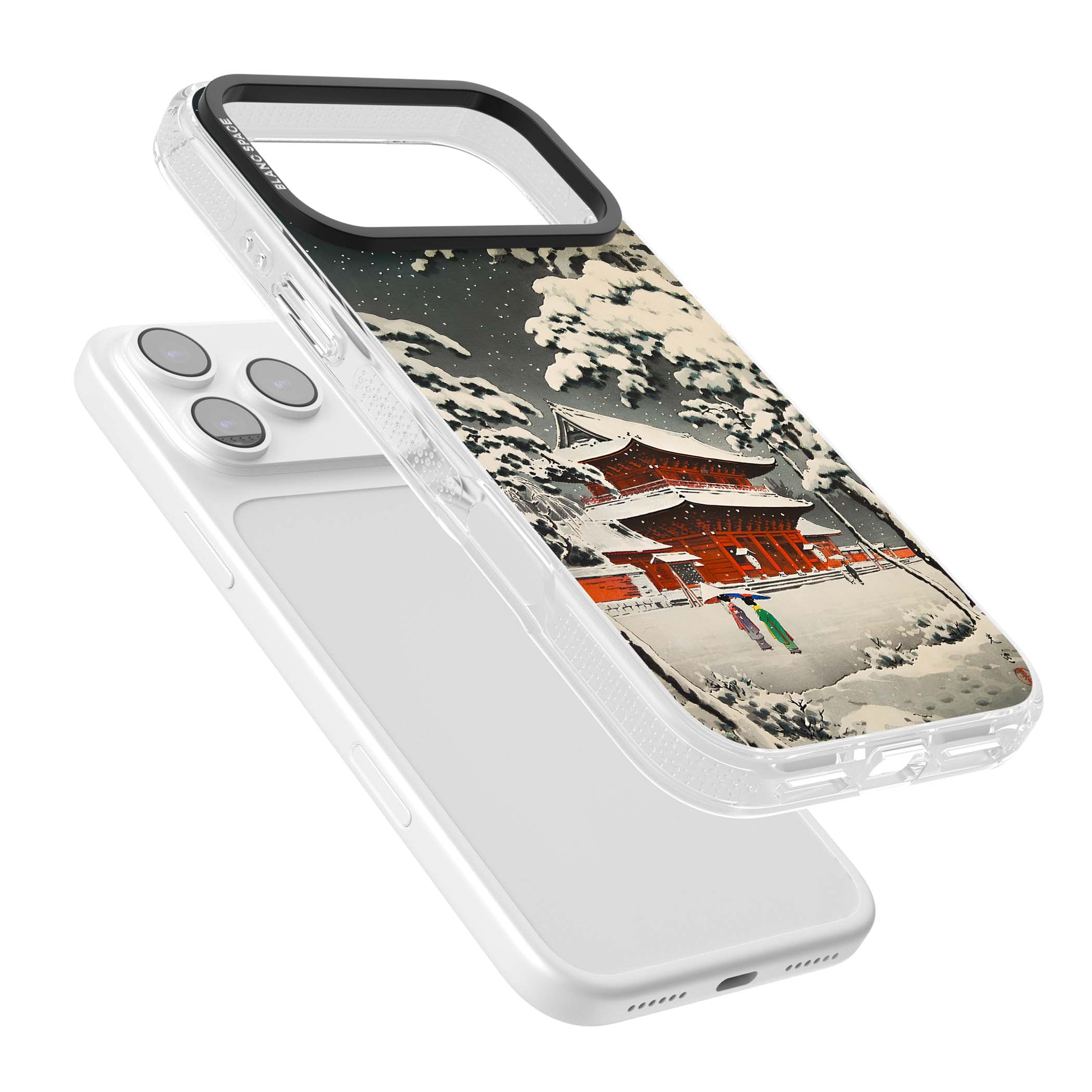 Snow at Shiha Park, Tokyo Japanese art iPhone case featuring a vintage ukiyo-e snowy temple, red pagoda, and snow-covered pin | Clear Case Impact Air case for iPhone 17 Pro, iPhone 17 Pro Max