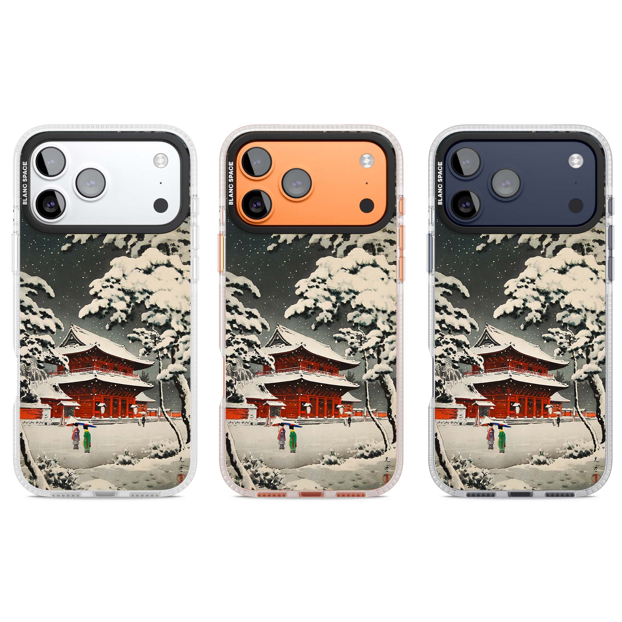 Snow at Shiha Park, Tokyo Japanese art iPhone case featuring a vintage ukiyo-e snowy temple, red pagoda, and snow-covered pin | Clear Case Impact Air case for iPhone 17 Pro, iPhone 17 Pro Max