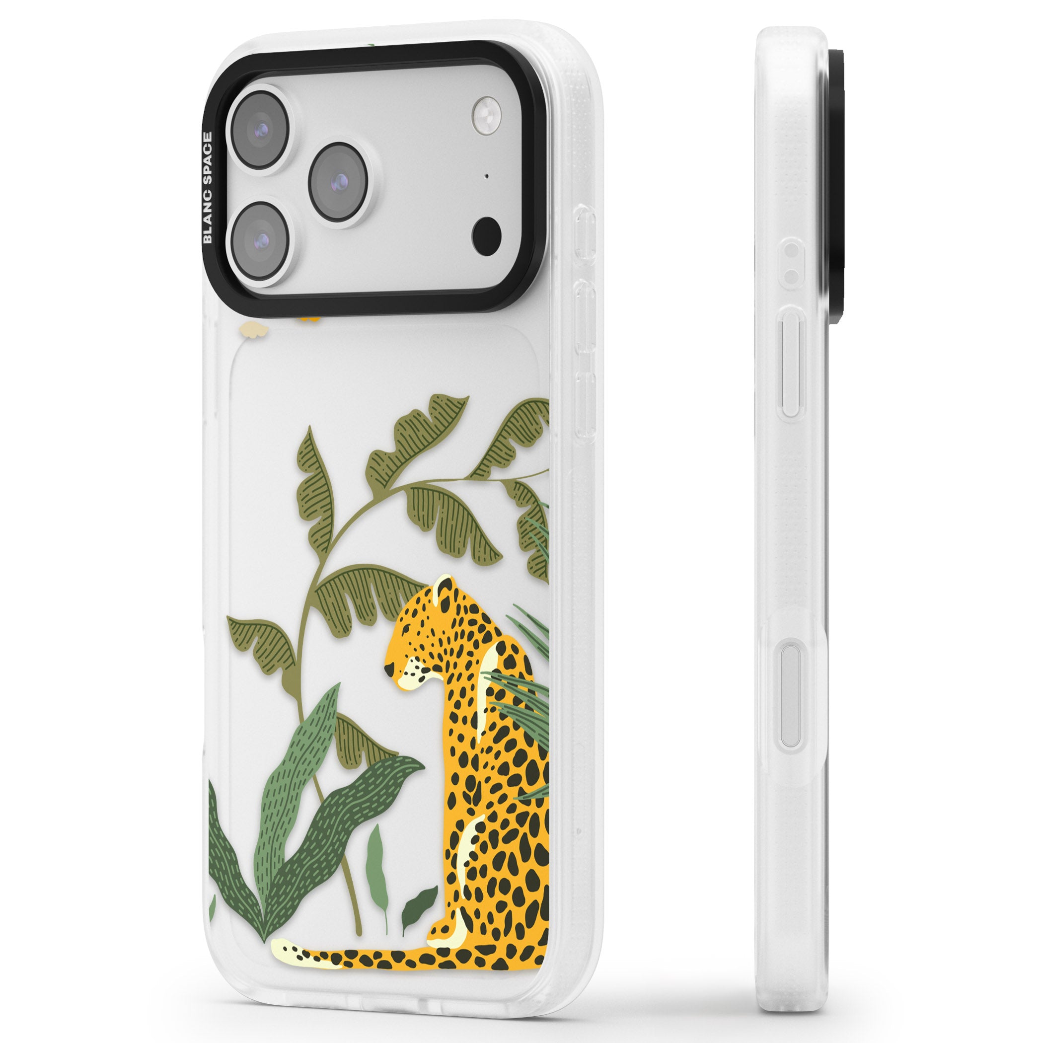 Large Jungle Cat Pattern iPhone 17 Pro Impact Air Clear Phone Case Side Profile