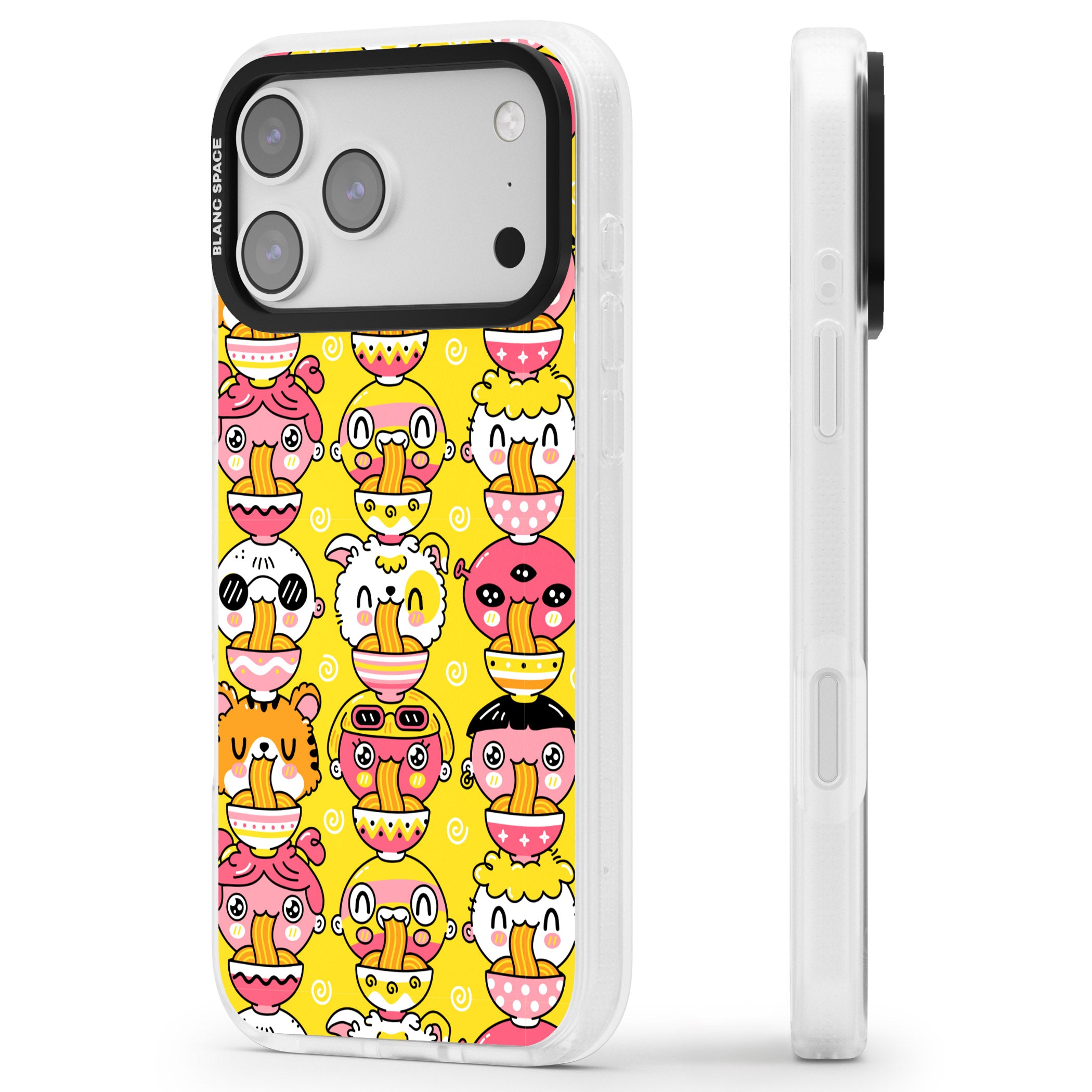 Ramen Noodle Kawaii Pattern iPhone 17 Pro Impact Air Clear Phone Case Side Profile