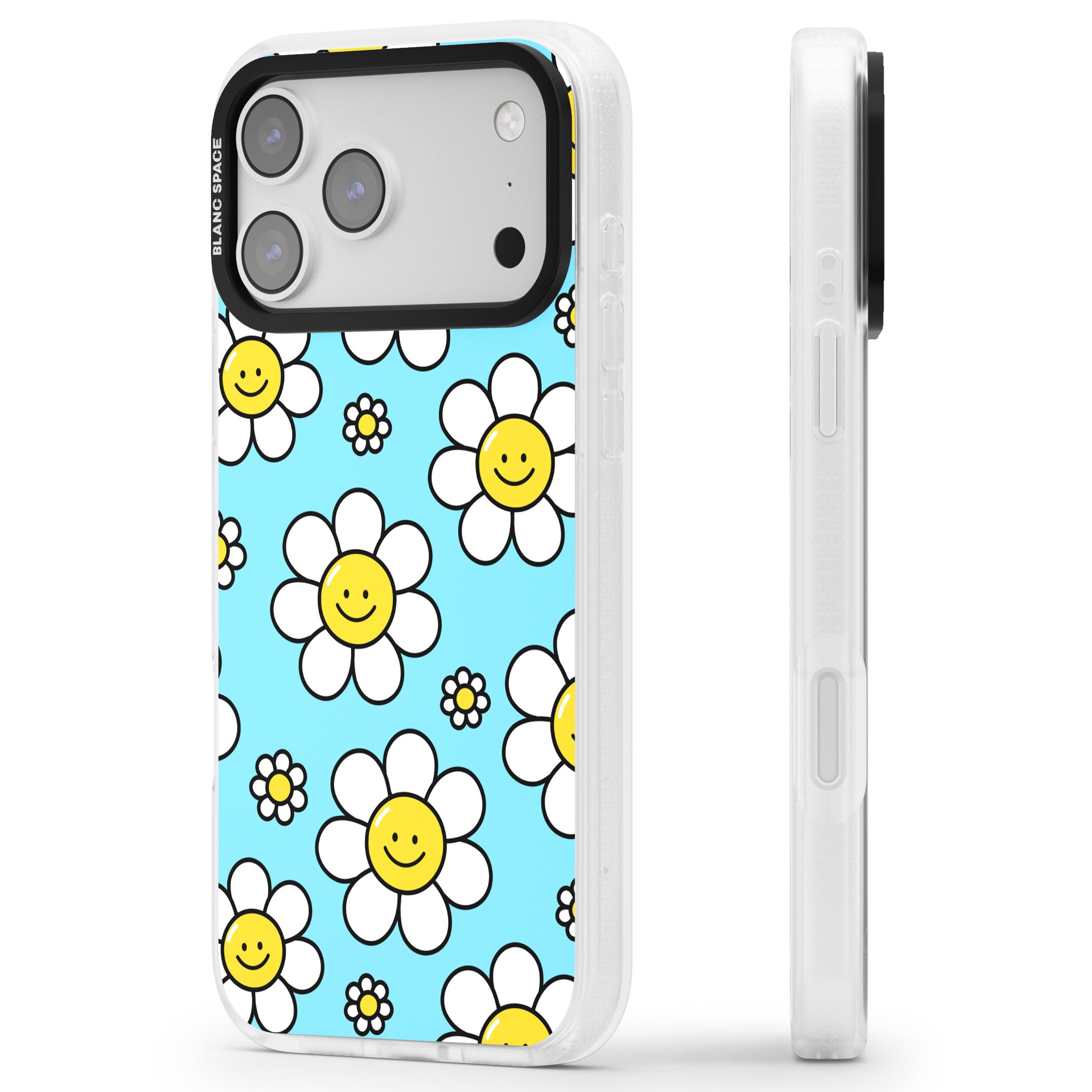 Daisy Faces Kawaii Pattern iPhone 17 Pro Impact Air Clear Phone Case Side Profile