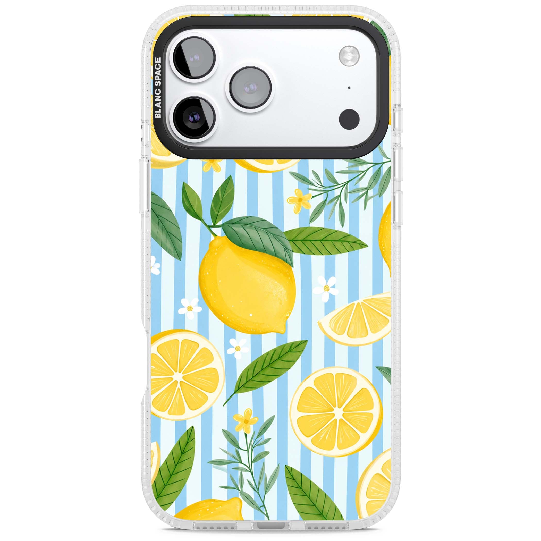 Capri Citrus Stripe coastal iPhone case featuring yellow lemons, blue stripes, and white daisy blossoms | Clear Case Impact Air case for iPhone 17 Pro, iPhone 17 Pro Max