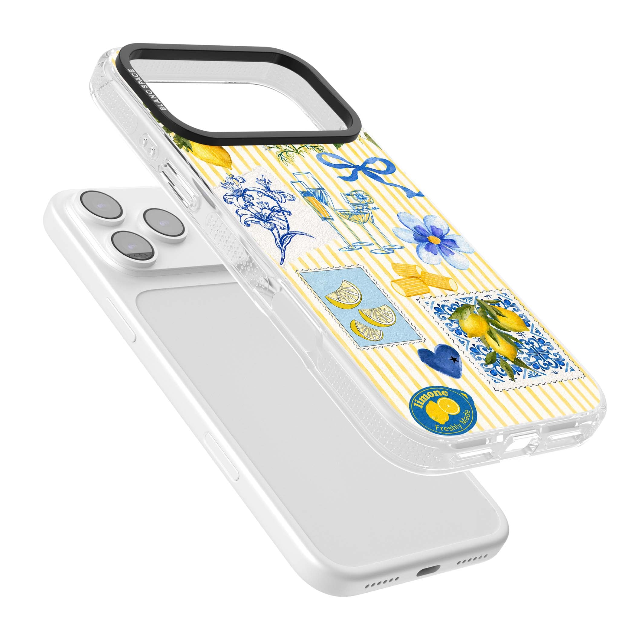 Limone Riviera Italian summer iPhone case featuring watercolour lemons, blue ribbon bows and majolica tile stamps on... | Clear Case Impact Air case for iPhone 17 Pro, iPhone 17 Pro Max