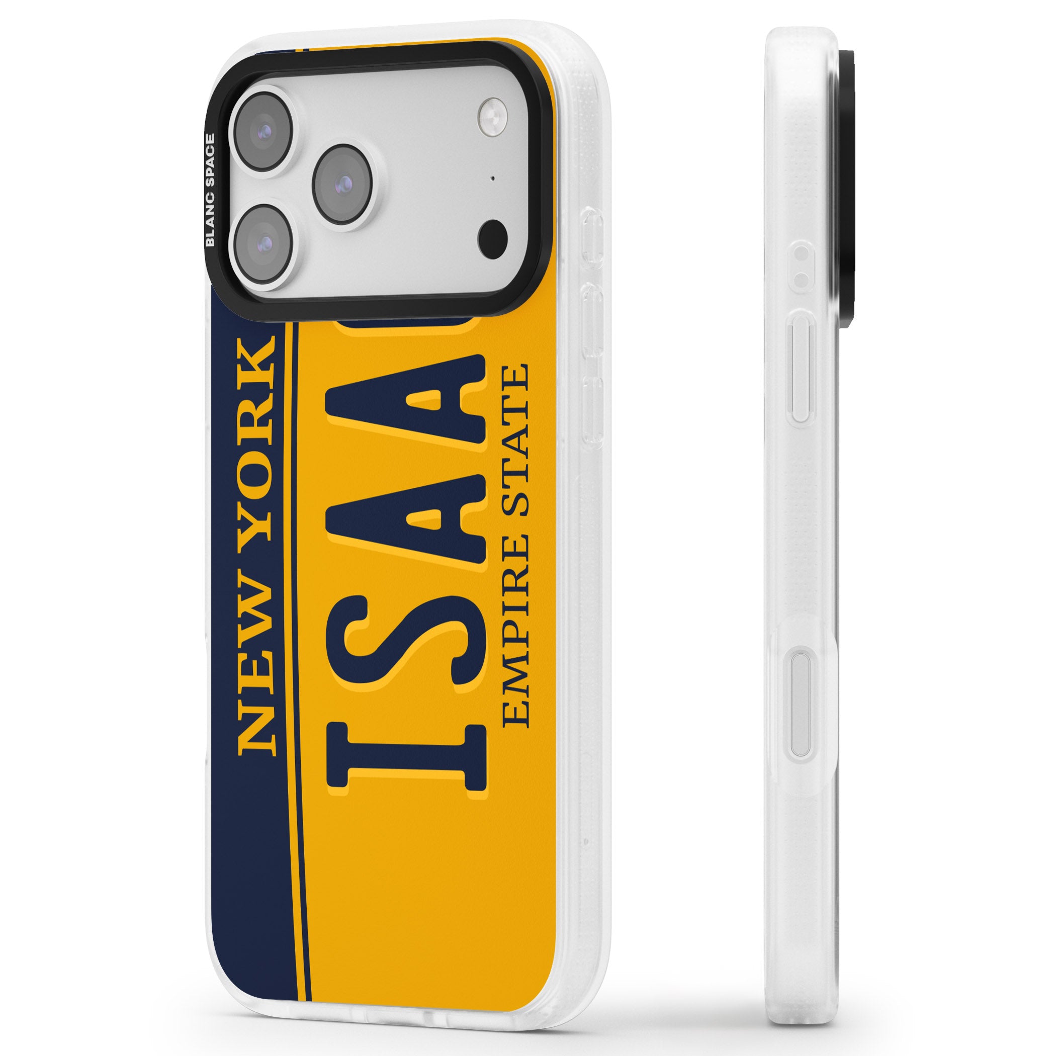 Personalised New York License Plate iPhone 17 Pro Impact Air Clear Phone Case Side Profile