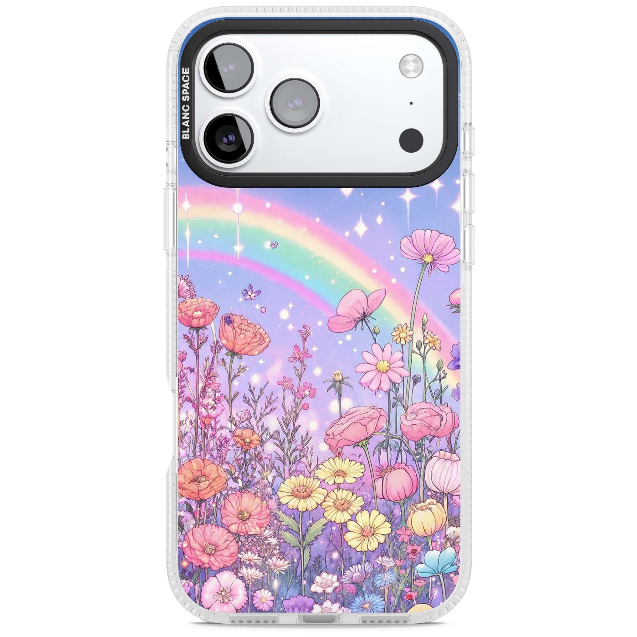 Magical Meadow fairycore iPhone case featuring a pastel rainbow, sparkling stars and a wildflower meadow | Clear Case Impact Air case for iPhone 17 Pro, iPhone 17 Pro Max