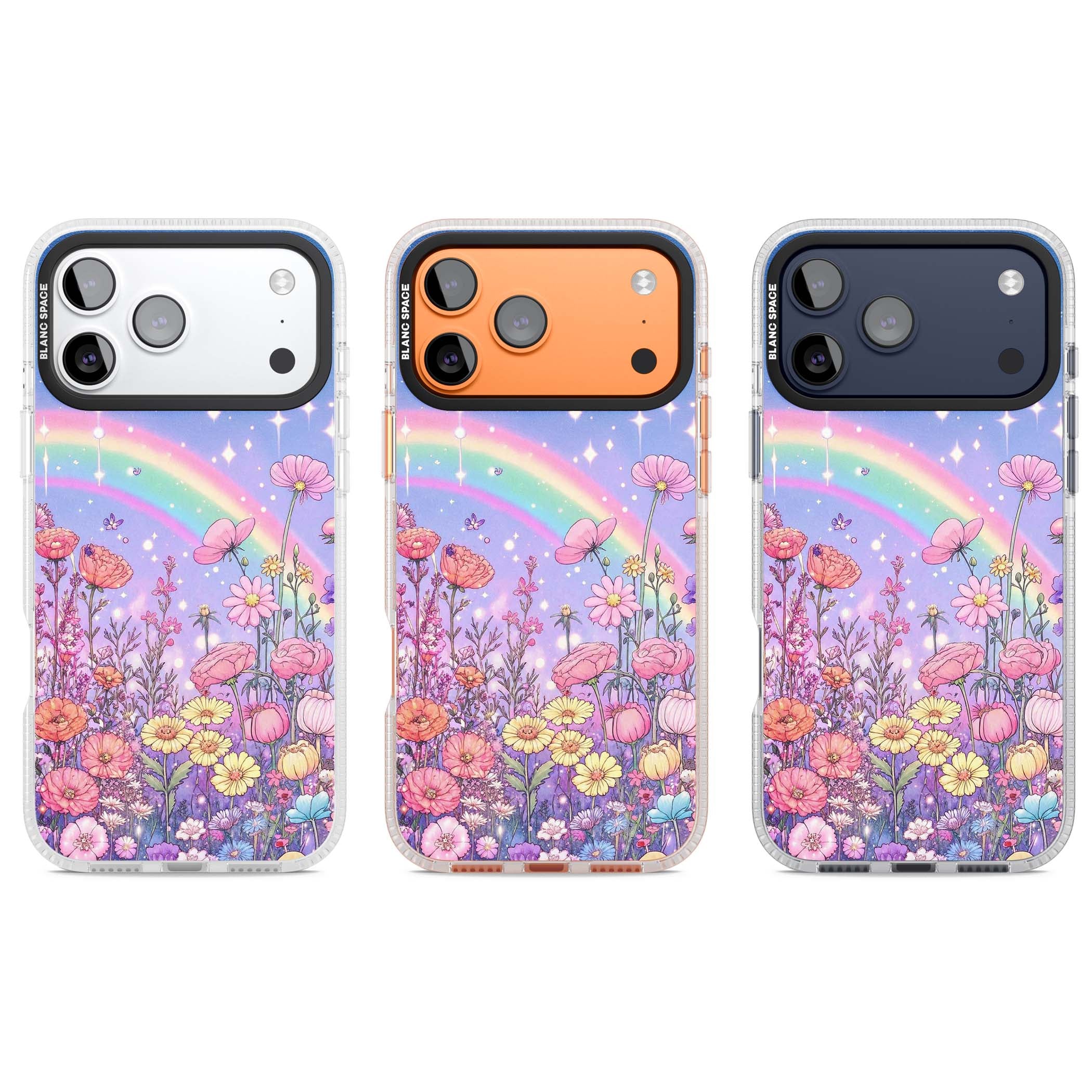Magical Meadow fairycore iPhone case featuring a pastel rainbow, sparkling stars and a wildflower meadow | Clear Case Impact Air case for iPhone 17 Pro, iPhone 17 Pro Max