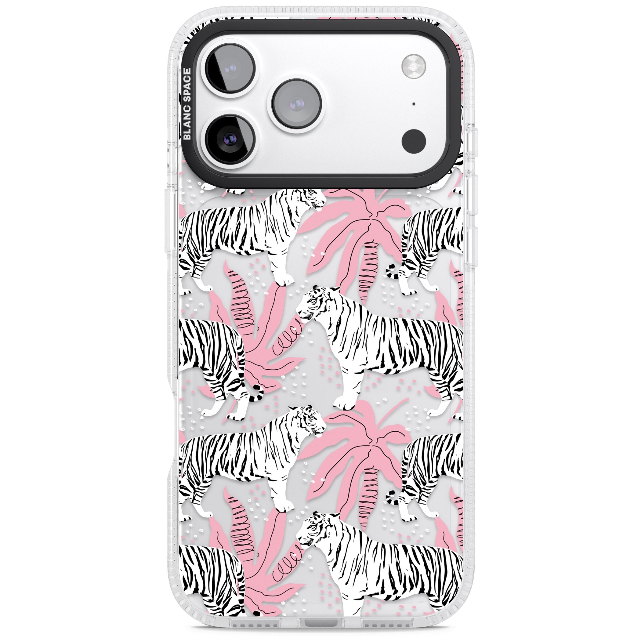 Pink & White Tropical Tigers iPhone 17 Pro Impact Air Clear Phone Case