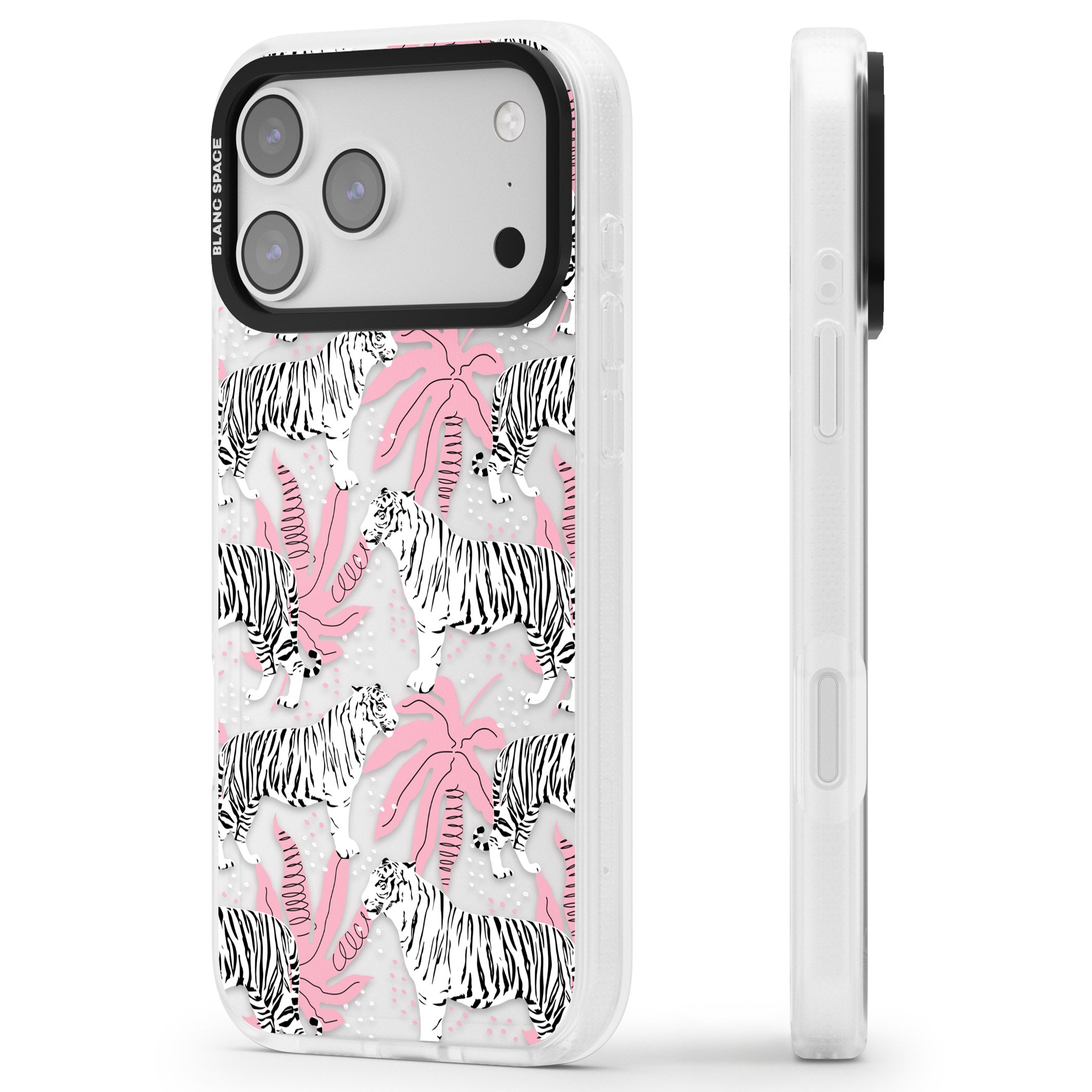 Pink & White Tropical Tigers iPhone 17 Pro Impact Air Clear Phone Case Side Profile