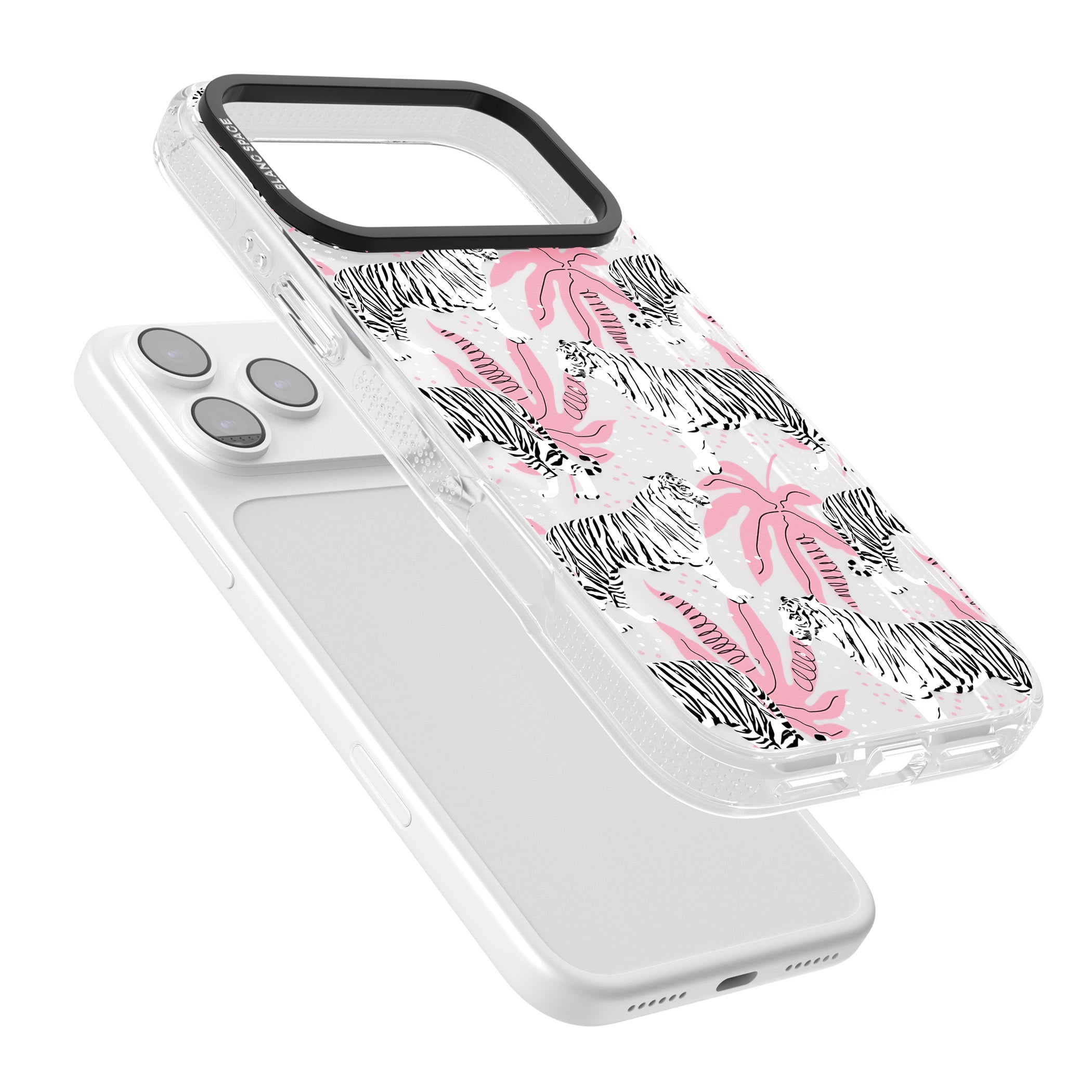 Pink & White Tropical Tigers iPhone 17 Pro Impact Air Clear Phone Case Colours