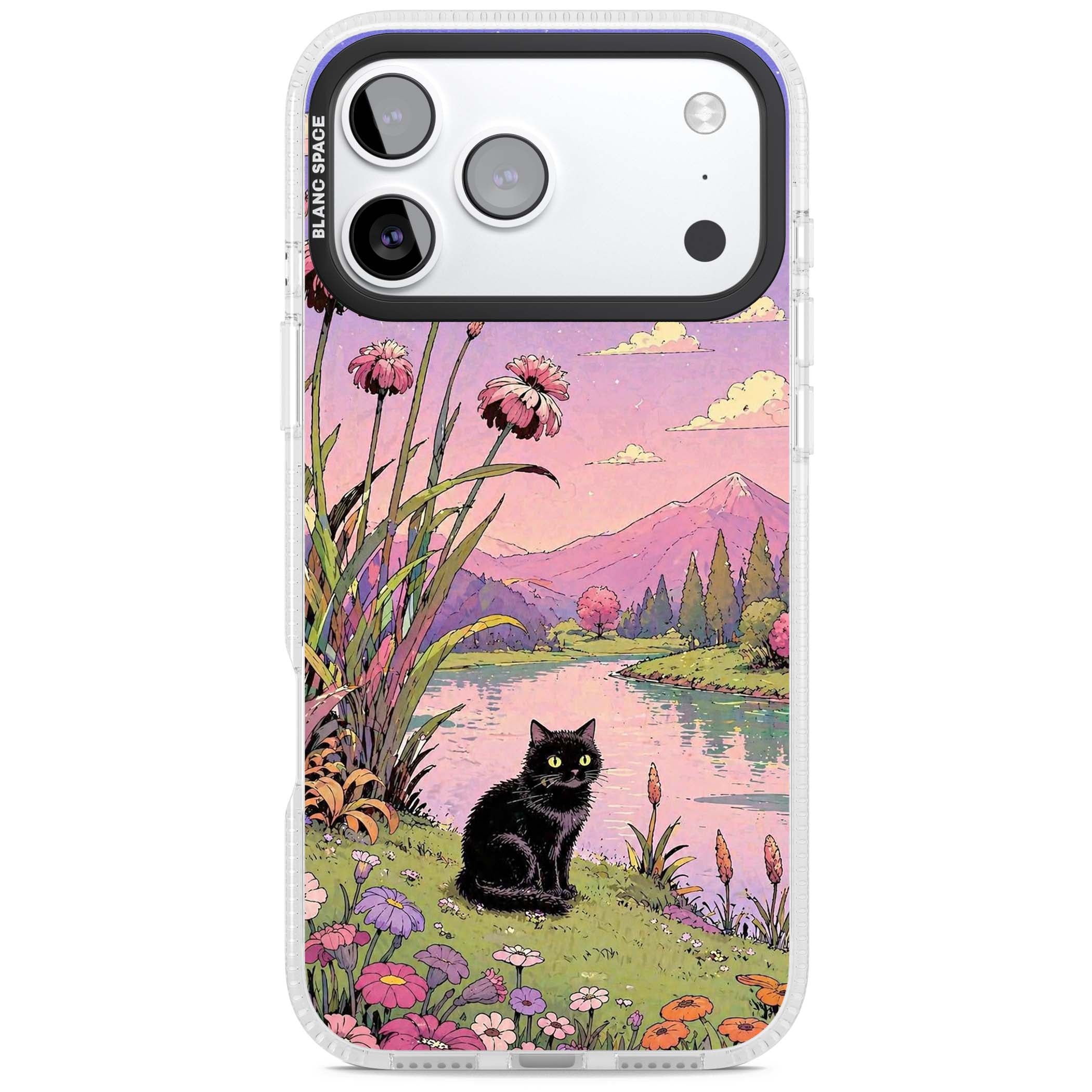 Mystic Whiskers ghibli iPhone case featuring a black cat by a pastel lake, wildflowers and a starry sunset sky | Clear Case Impact Air case for iPhone 17 Pro, iPhone 17 Pro Max