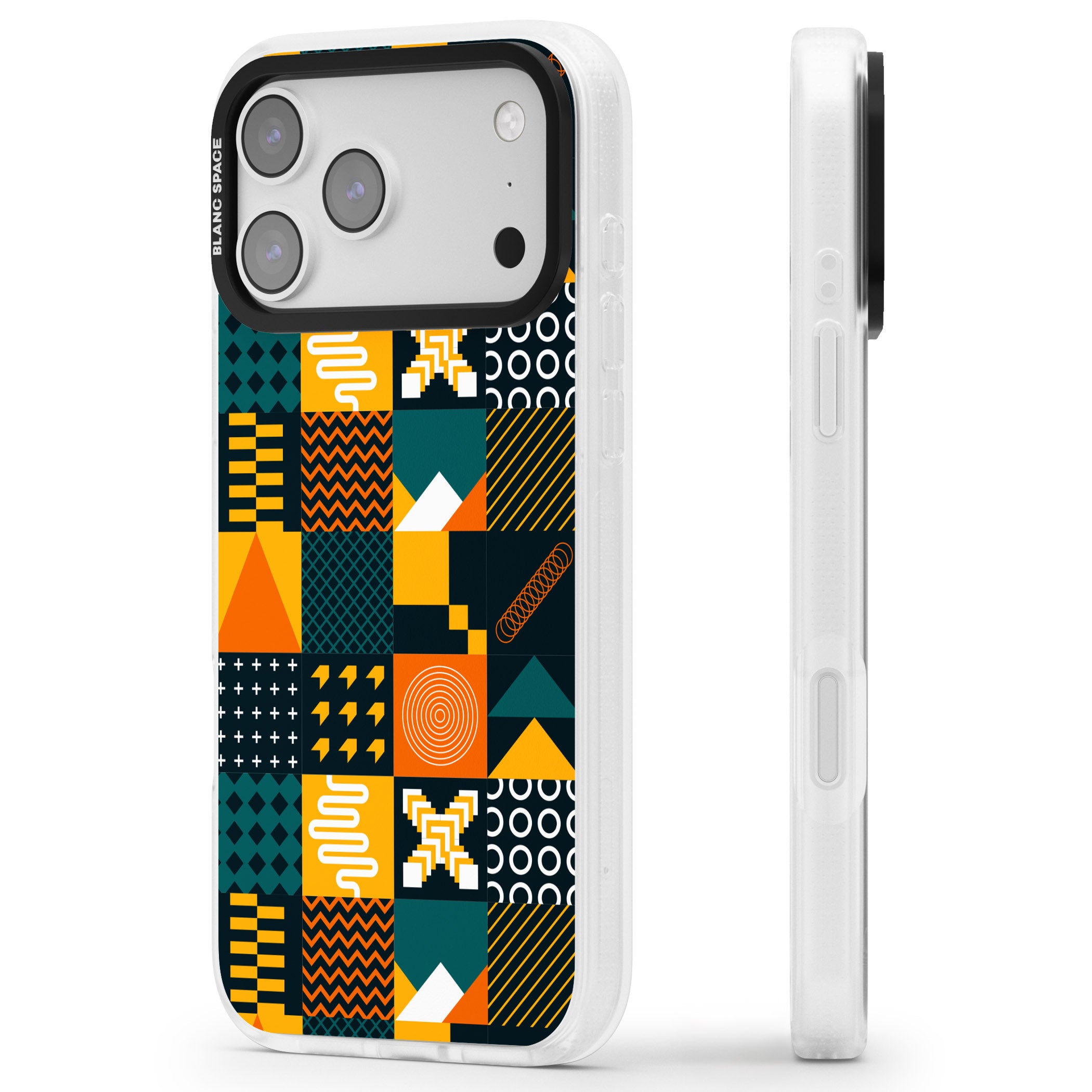 Funky Geometric Patterns: Orange & Dark Green iPhone 17 Pro Impact Air Clear Phone Case Side Profile