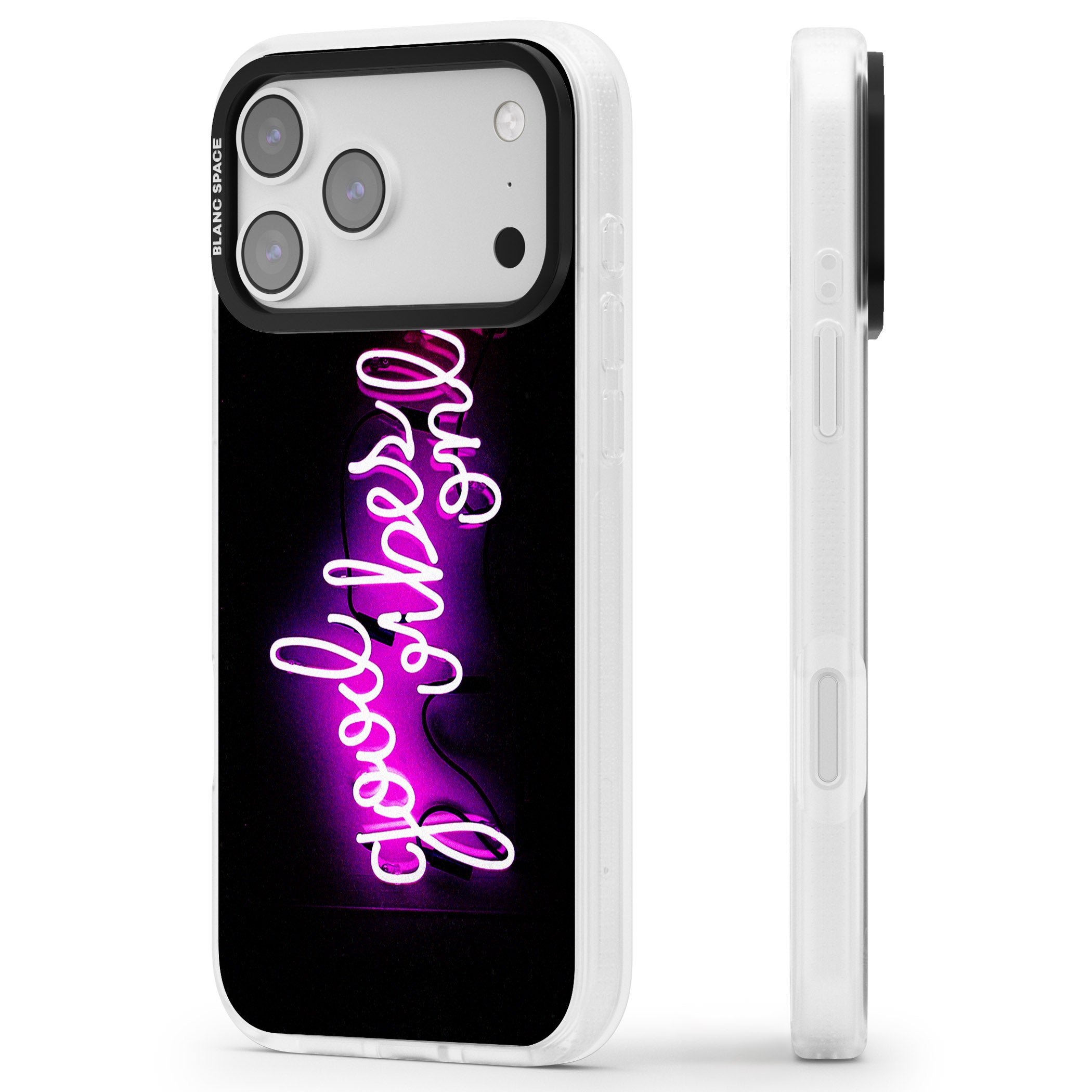 Good Vibes Only Neon Glow iPhone 17 Pro Impact Air Clear Phone Case Side Profile