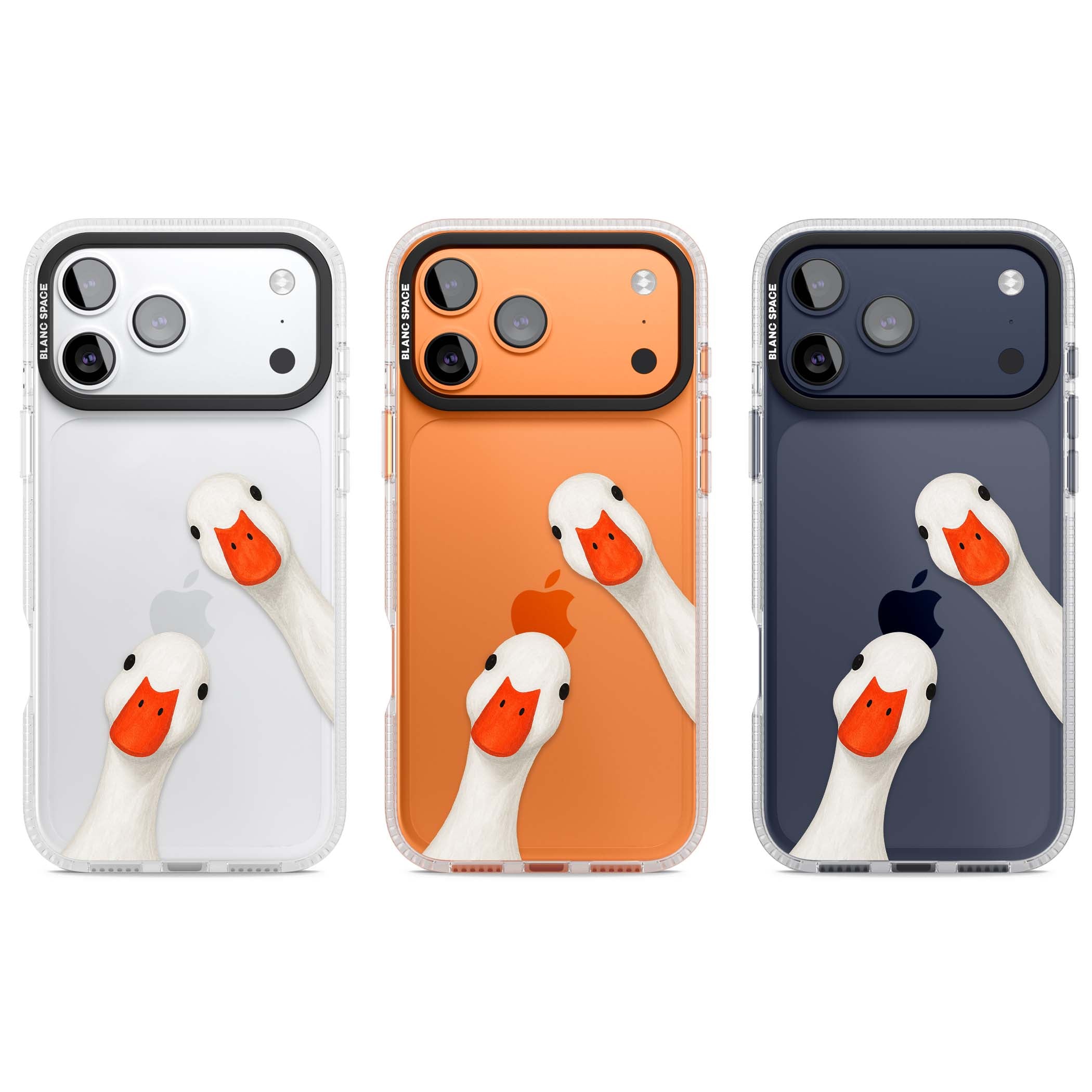 Nosy Ducks cottagecore iPhone case featuring two peeking white ducks with orange beaks on a clear background | Clear Case Impact Air case for iPhone 17 Pro, iPhone 17 Pro Max
